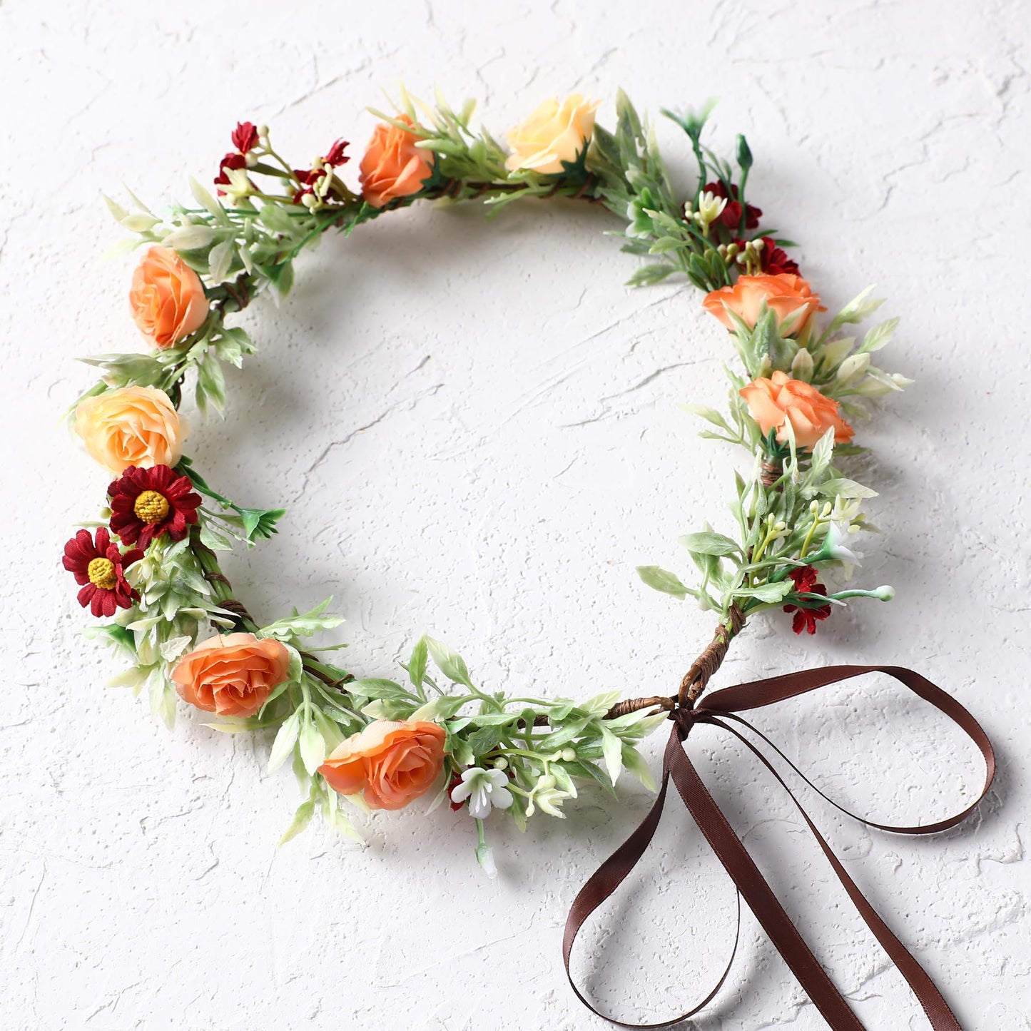KorViSHOW Floral Crown Women Girls - Orange Boho Floral Headpiece with White Green Leaves Charming Fairy Flower Headband for Wedding Photo Shoot Festivals