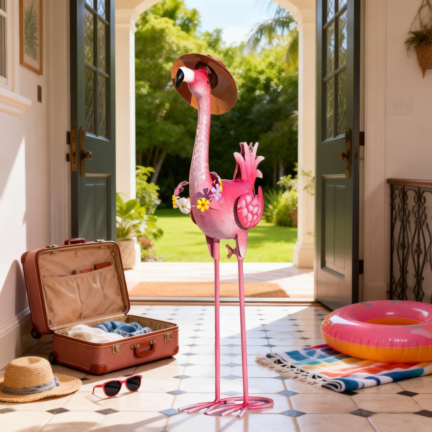 Natelf Flamingo Metal Garden Statue Outdoor Pink Hawaii Flamingo Yard Art Sculpture Decor with Flower Lei & Straw Hat, Waterproof Rust-Proof Lawn Decor for Patio, Poolside, Tropical Party