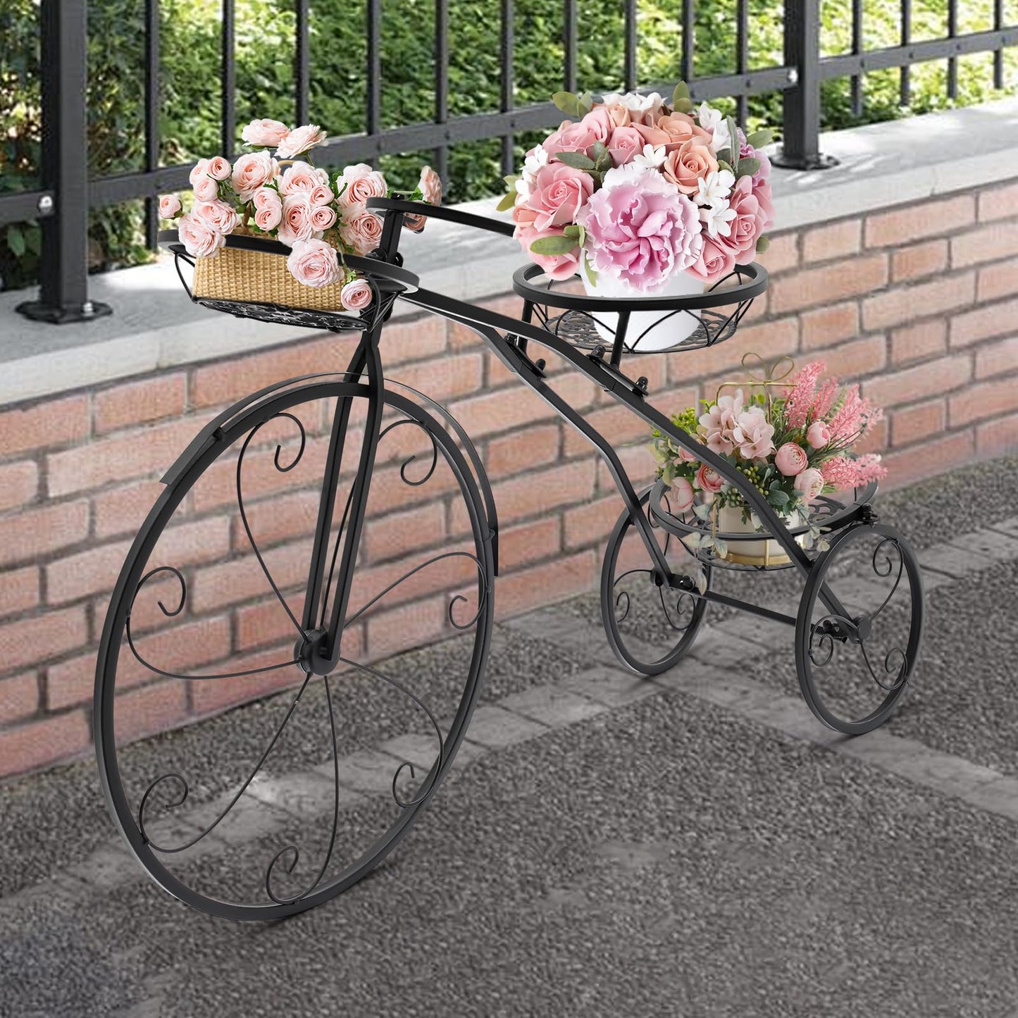 DOONARCES 3 Pots Tricycle Plant Stand Iron Tricycle Shape Black Planter Rack Flower Holder Indoor Outdoor Floral Displaying Rack for Home Garden Patio Decor DIY (Black)