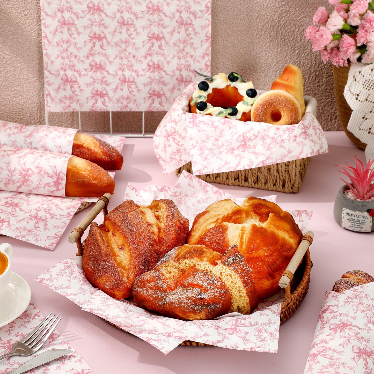 AnyDesign 150Pcs Pink Floral Bow Wax Paper Deli Paper Sandwich Wrap Tissue Vintage Chinoiserie Flower Bow Waterproof Oil-Proof Picnic Liner for Home Party Kitchen, 9.8 x 8.3 Inch