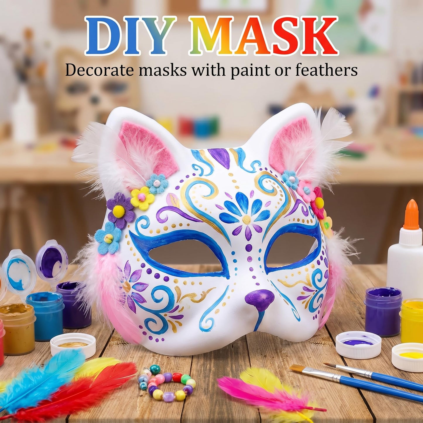 Vectronix 10 Pcs Cat Mask White Therian Mask Base for Crafts Diy Painting, Paper Cat Masks with Elastic Band for Kids Adults Halloween Costume Cosplay Masquerade Party Favors