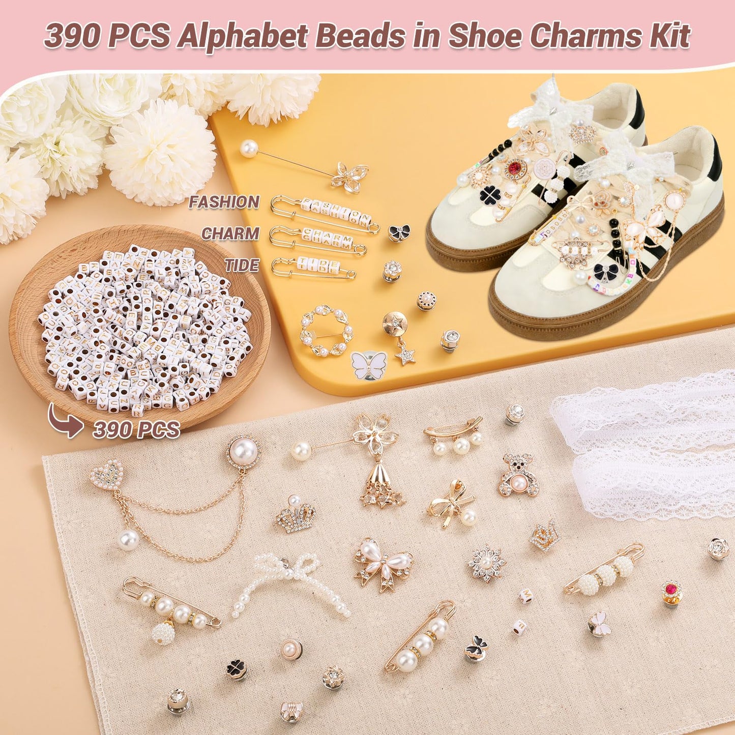 463 Pieces Junk Socks Charms Kit – Shoe Charms for Sneakers with Letter Beads, Safety Pins, Gold Brooches, Lace Shoelaces, Bead Embellishments, DIY Personalization Shoe Sock Accessories for Women