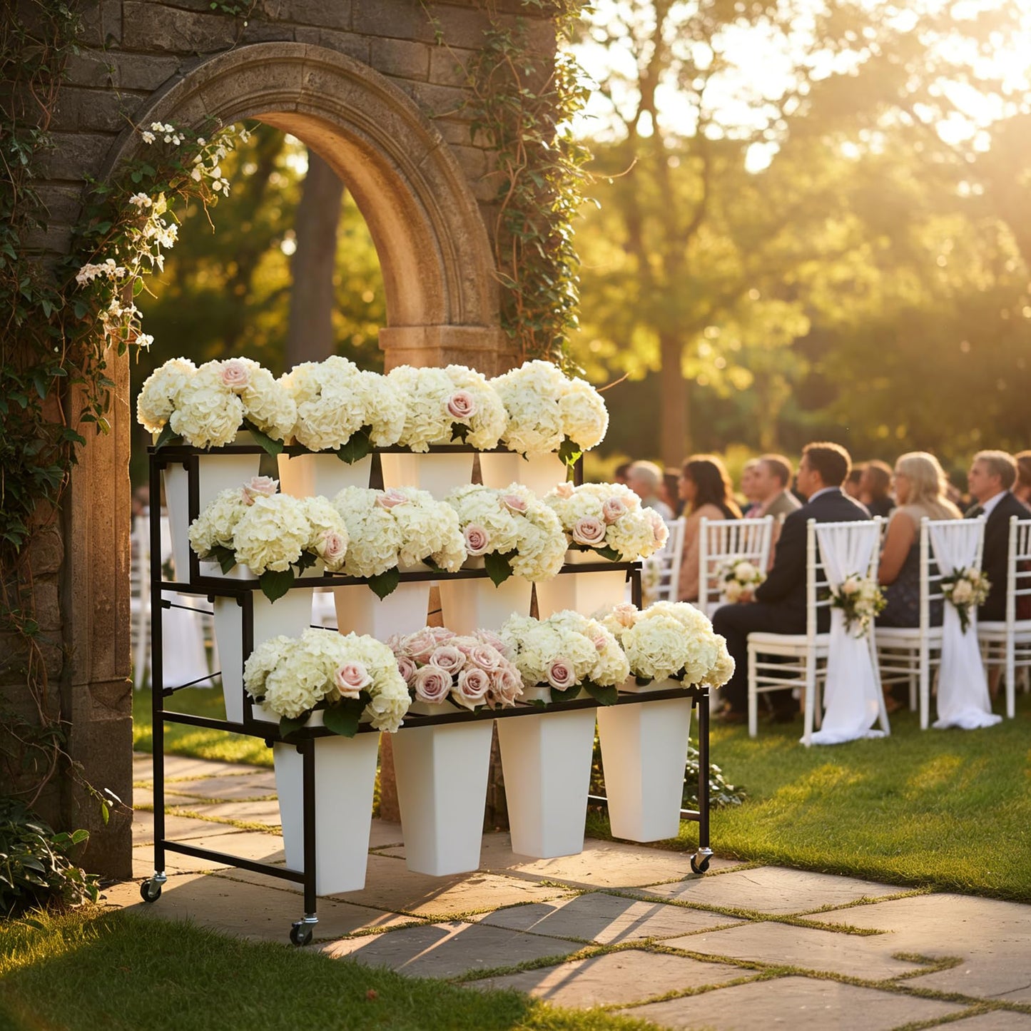 Flower Display Stands With Buckets, With 12pcs Buckets, 3-Tier Rolling Flower Bar,Heavy Duty Metal Flower Cart,For Indoor/Outdoor Use, Wedding Decor & Florist Displays (B - Black frame, white bucket)