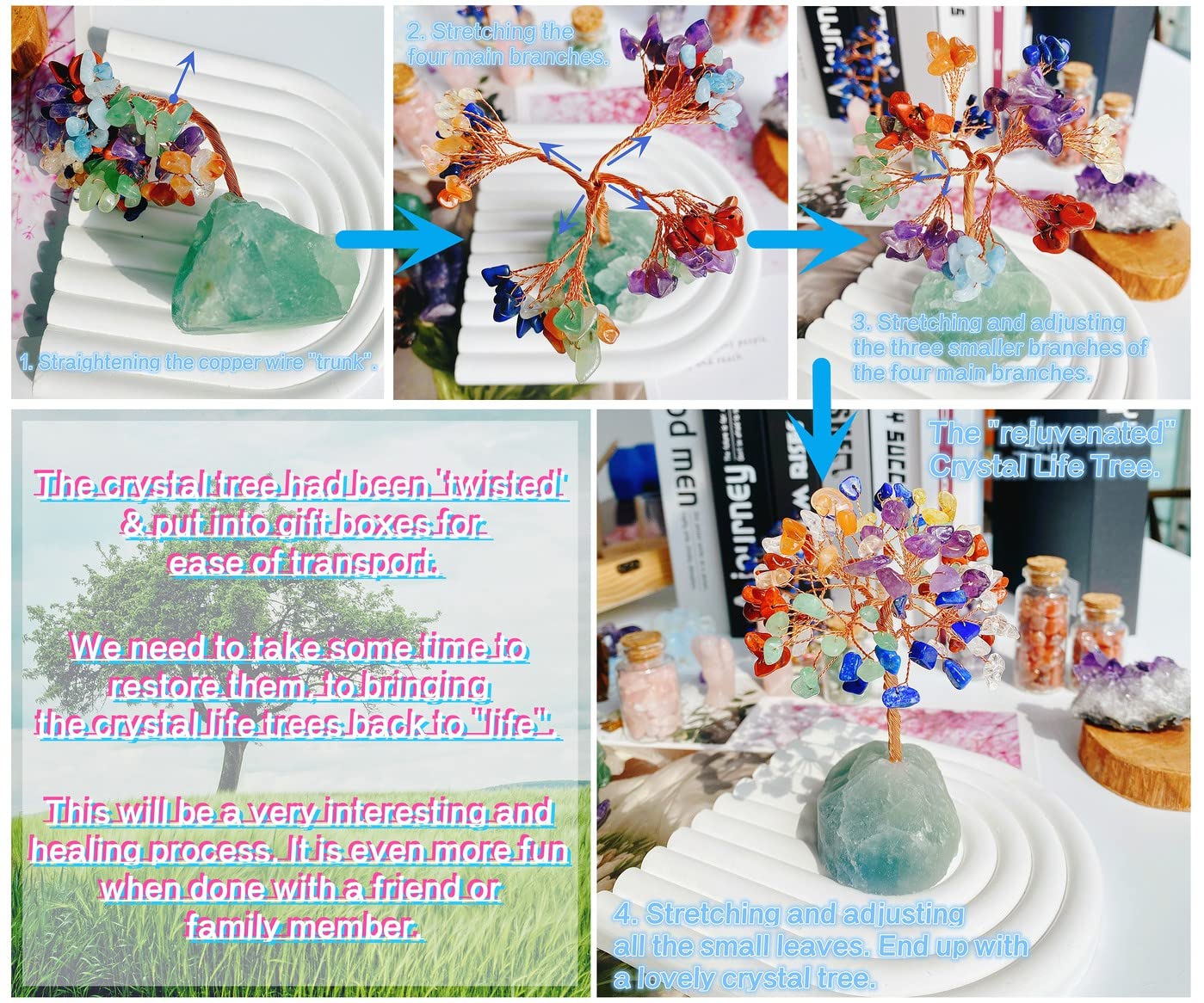 QINJIEJIE Blue Sodalite Healing Crystal Tree Decor Natural Stone Gemstone Room Office Desk Decor Gem Base Copper Wire Money Tree of Life Reiki Book Shelf Decorations Spiritual Yoga Gift for Women