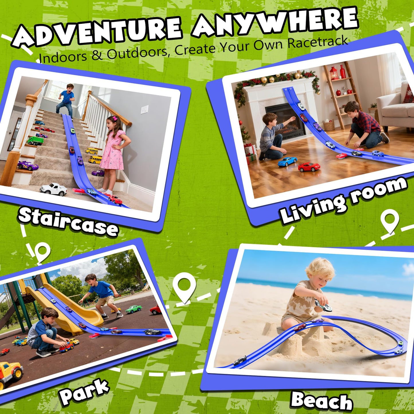 Wupuaait Flexible Race Car Track for Kids, 15Ft Race Track Toy with 4 Cars and Suction Cups, Rolls Up Portable Racetrack Compatible with All 1:64 Cars Toys, Birthday Gifts Toys for Boys Girls