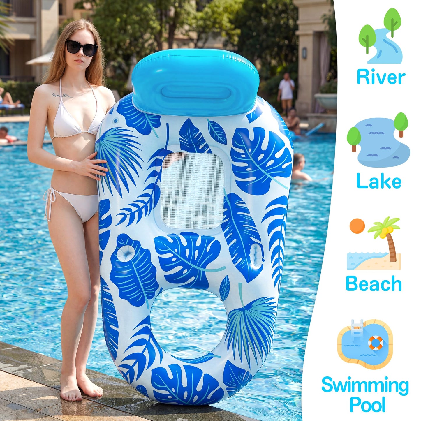 FindUWill Pool Floats for Adults 2 Pack, Inflatable Pool Lounge Chair Floaties with Cup Holder, Heavy Duty Water Floating Rafts Swimming Toys for Summer Party Travel, Beach, Lake