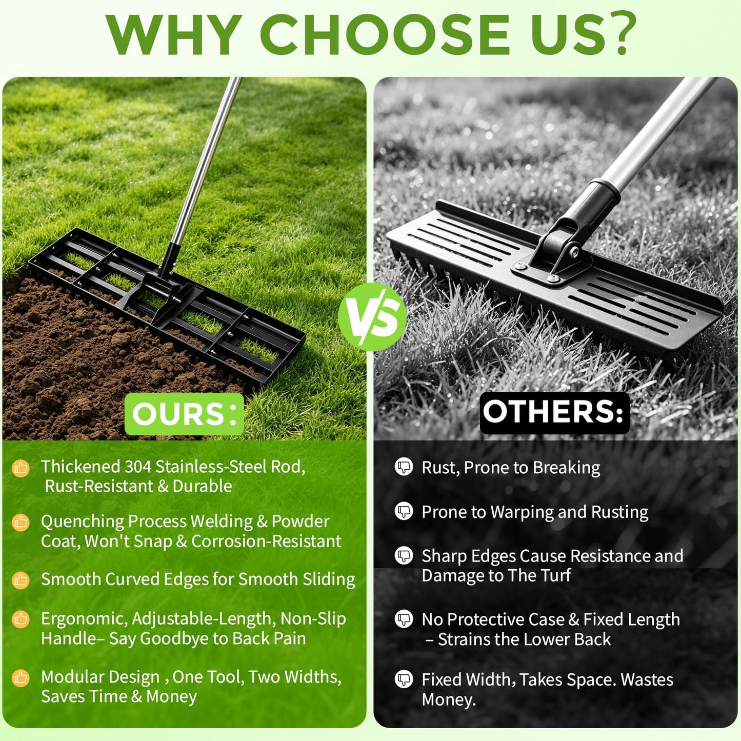 Lawn Leveling Rake for Soil, 17"-30" Modular Interlocking Stainless Steel Lawn Leveler, 78"Adjustable Handle Yard Leveling Rake, Anti-Flip Ground Leveler for Yard, Sand, Topdressing, Golf Course, Farm