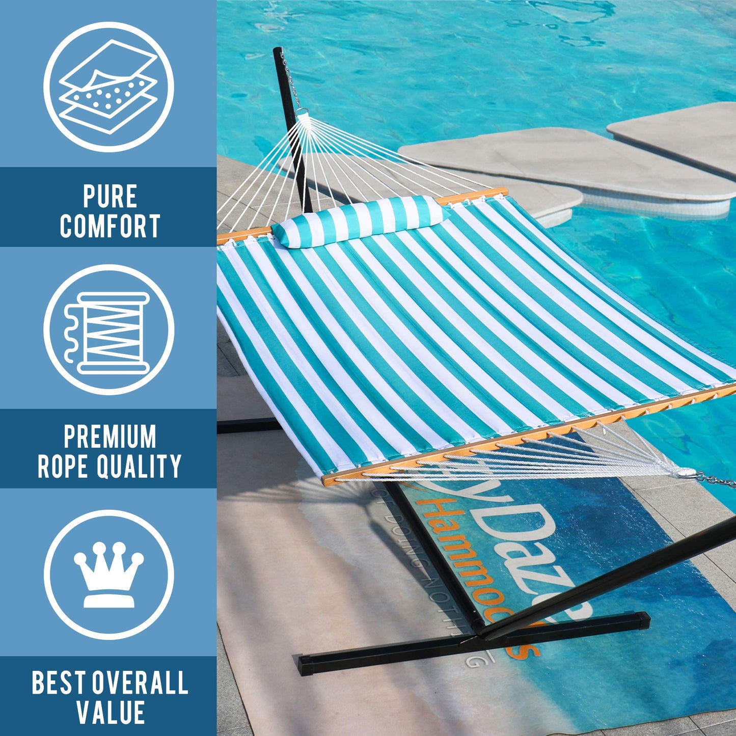 Lazy Daze Hammocks 12FT Quilted Fabric Double Hammock with Spreader Bars and Detachable Pillow, 2 Person Hammock for Outdoor Patio Backyard Poolside, 450 LBS Weight Capacity, Sailor Stripe