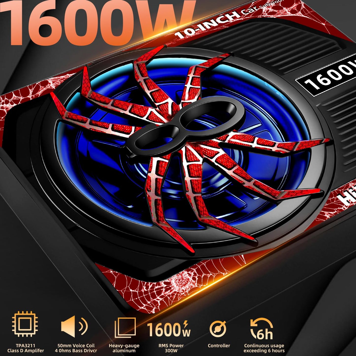 1600W 10" Slim Under Seat Subwoofers with Built-in Amp | LED Ambient Light, Deep Bass, Individual Controls (LPF/Gain/Bass Boost), High Output Distortion-Free Audio, Suitable for All Vehicle Models