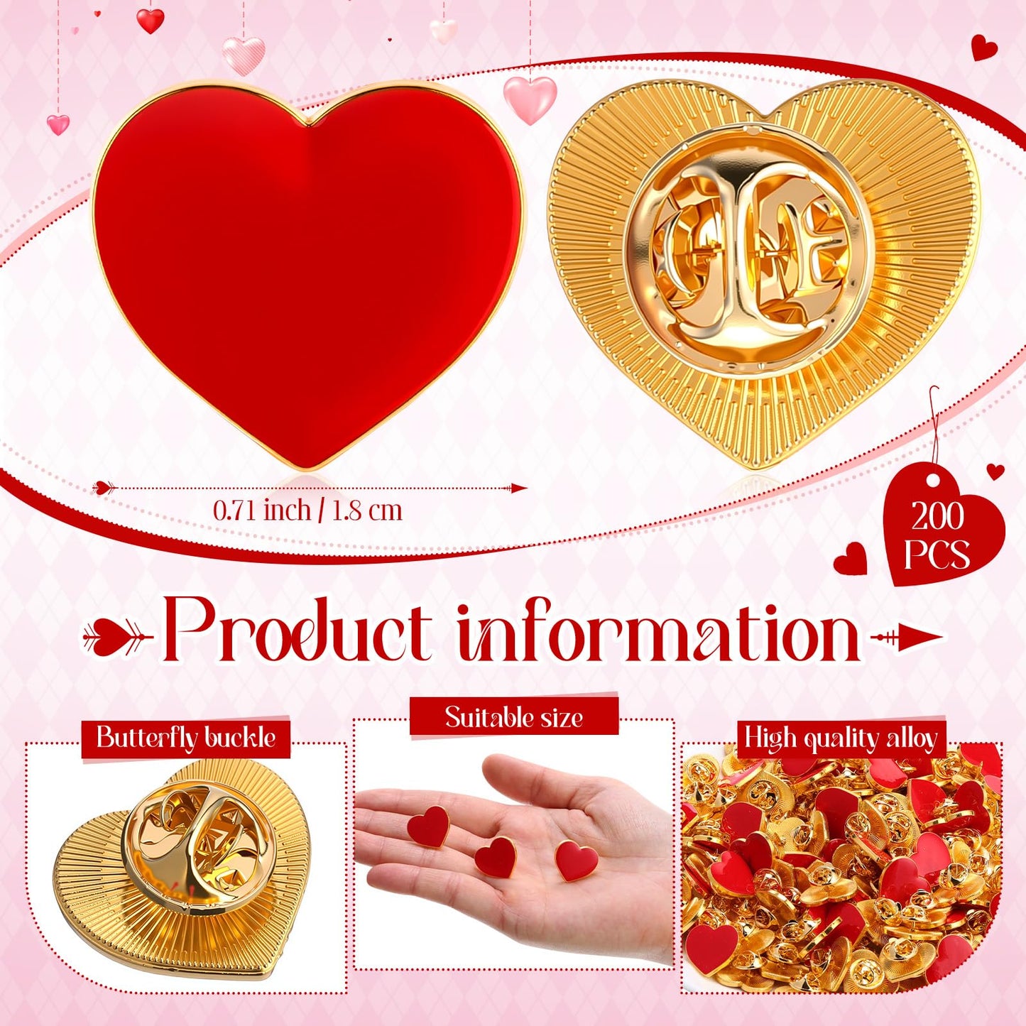 Hinly 200 Pcs Valentines Day Gifts Heart Pins Bulk Red Love Lapel Pin Metal Heart Health Brooch Badge Collar Pins for Valentines Party Favors Wedding Anniversary Men Women Clothes Bags Hats