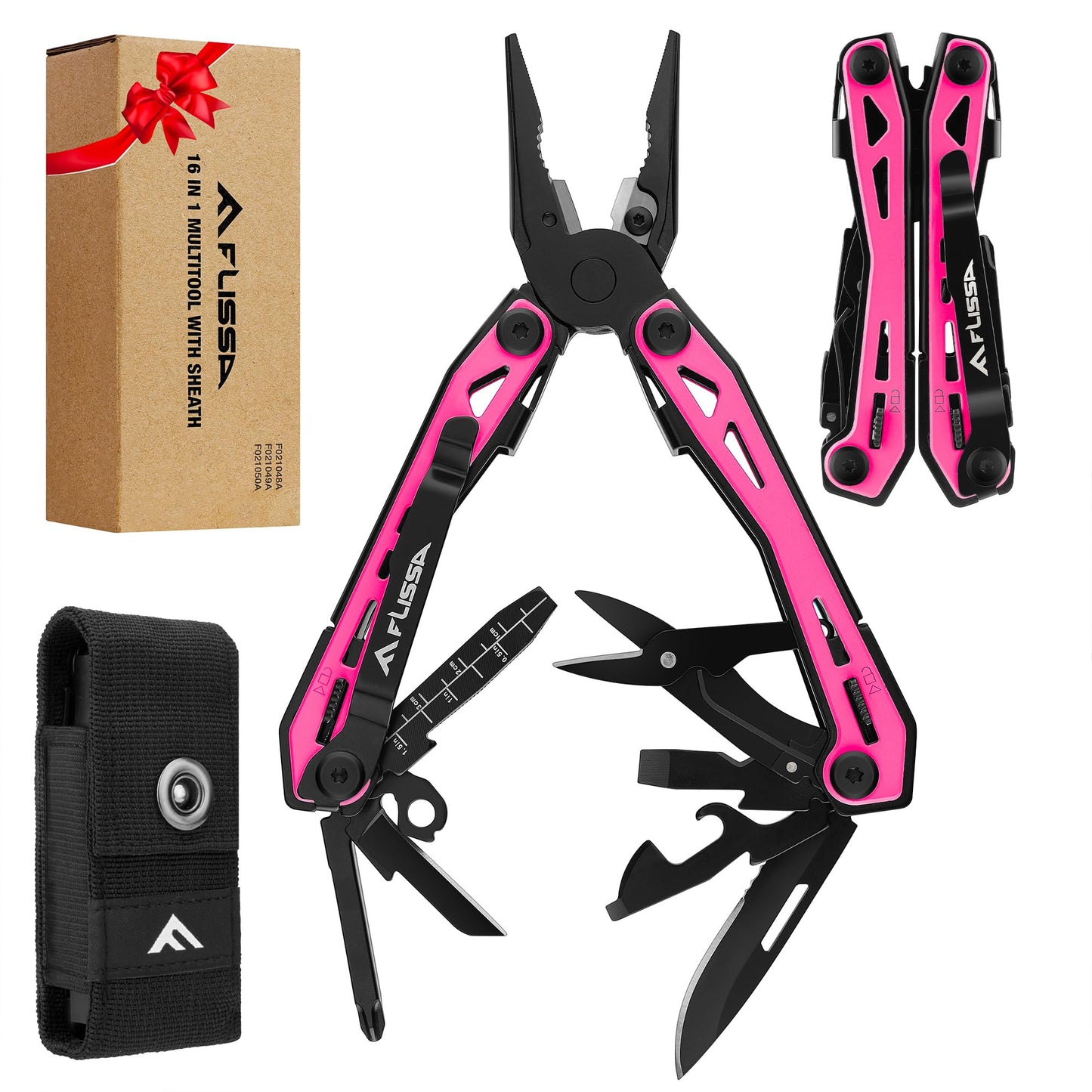 FLISSA 16-in-1 Pink Multi Tool Pliers, Gifts for Mom Women, Stainless Steel EDC Multitool with Pocket Knife, Belt Clip and Oxford Pouch, for Camping Survival Outdoor Activities