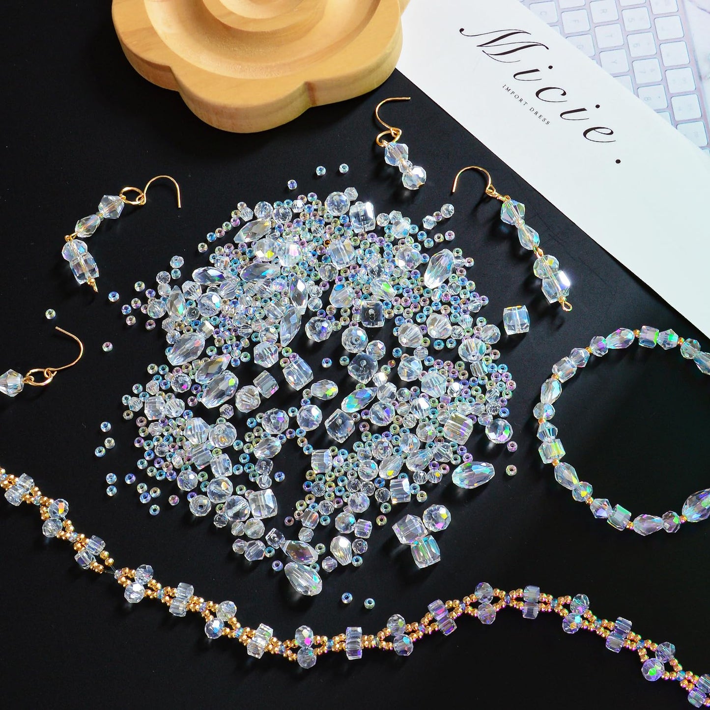 Laopottbeads 1500 Pcs Crystal Glass Beads for Jewelry Making – 12 Styles Bicone, Rondelle, Cube, Teardrop & 3mm Spacer Beads, DIY Bracelet Necklace Earring Craft Kit with Organizer Box(AB Color)