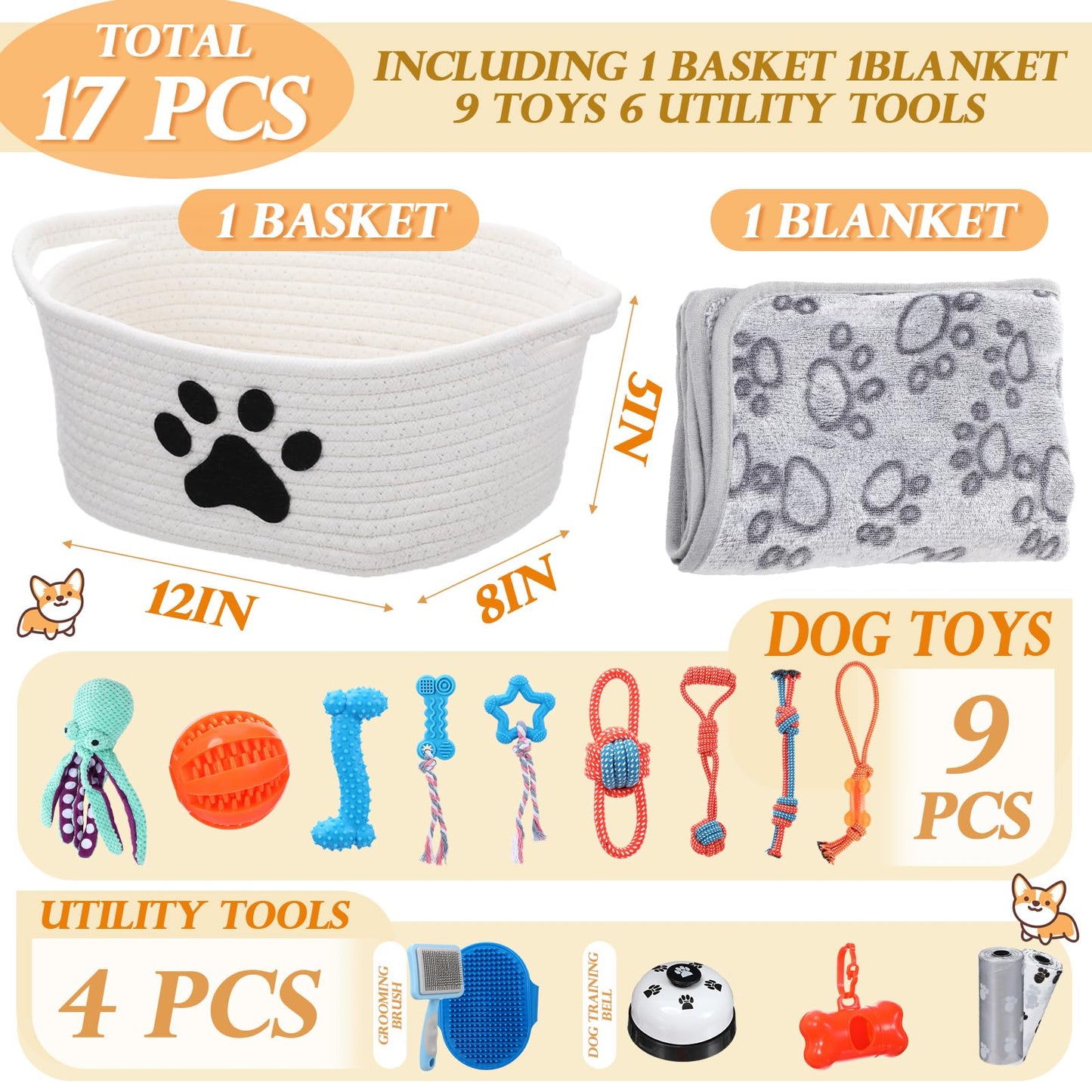 Zopeal 17 Pcs Mother‘s Day Puppy Gift Set, Dog Toy & Essentials Bundle with Chew Toys, Poop Bag Dispenser, Grooming Brush, Training Bell, Blanket & Rope Basket