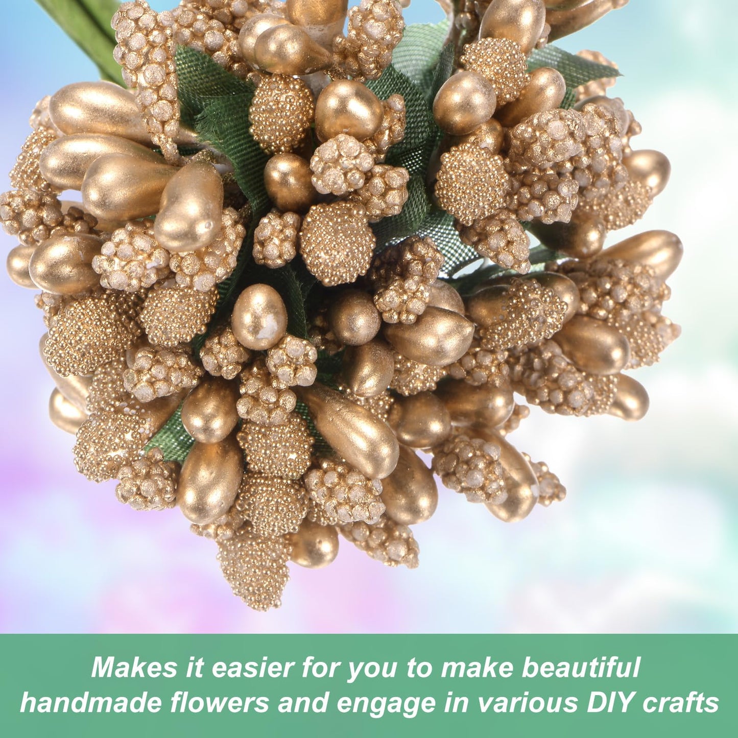 M METERXITY 144-Pack Artificial Flower Stamen Kit, Mini Frosted Holly Berry Stems for Wedding Decor, Flower Stamens for Craft DIY Wreaths/Birthday/Flower Arrangements Decorations [Gold]