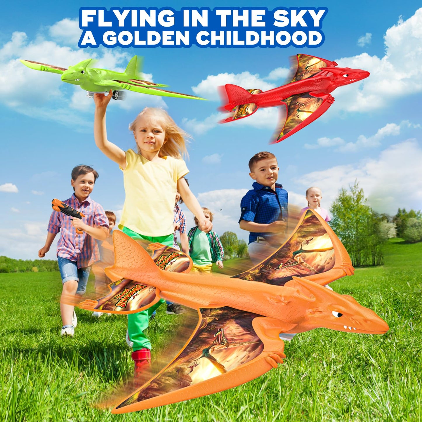 Onysurui 3 Pack Dinosaur Airplane Launcher Toys,Flying Toys for 3 4 5 6 7 8 9 10 Year Old Boys,Kids Toys 5 6 7 8 9 10 12 Year Old Boy Gift Ideas,Airplane B-Day Party Supplies, Green,Orange,red