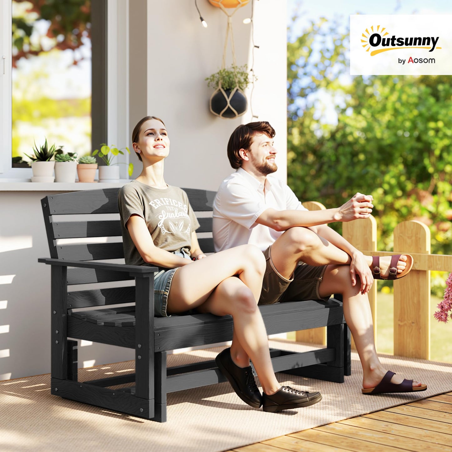 Outsunny 2-Person Outdoor Glider Bench, HDPE Weather Resistant Patio Double Swing Glider Rocking Chair Loveseat with Armrests, Slatted Seat and Backrest for Backyard Garden Porch, Distressed Black