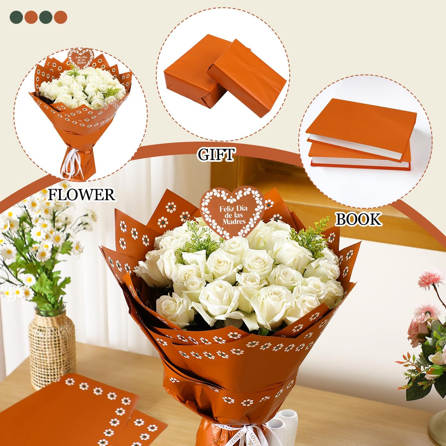 Fullhawl 20 Sheet Mexican Flower Wrapping Paper and 10 Pcs Feliz Dia De La Madre Cake Toppers Waterproof De Barro Brown White Floral Bouquet Wrap for DIY Gift Packaging Florist Supplies