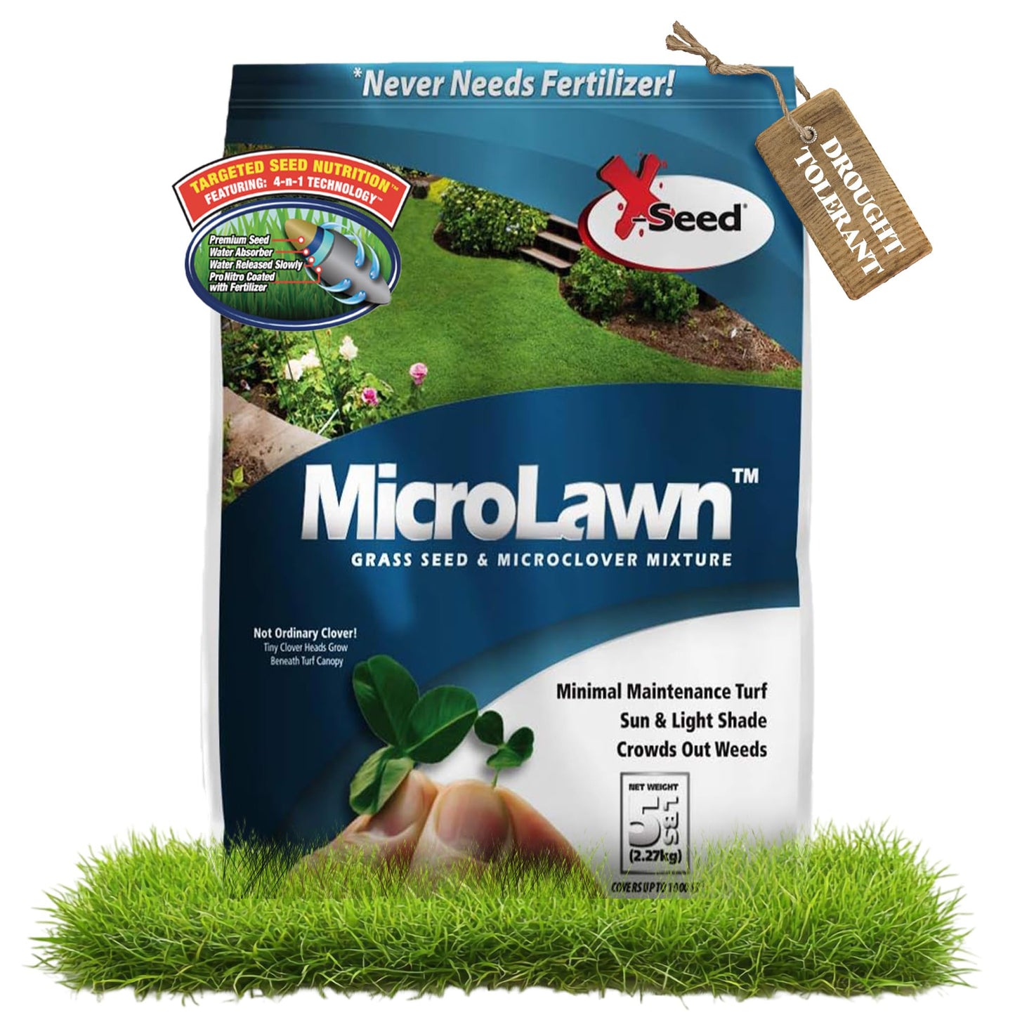 X-Seed Microlawn Grass Seed & Microclover Mix – Dense Self Feeding Lawn, Sun & Shade, Crowds Out Weeds, High Traffic, Drought-Resistant, 5 lb Bag