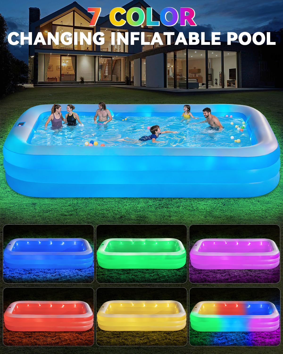 Large Inflatable Pool for Adults,130" x 72" x 22" Thickened Blow Up Pool with Lights & Pump, 7 Color Changed Durable Above Ground Family Swimming Pool for Backyard Outdoor Garden
