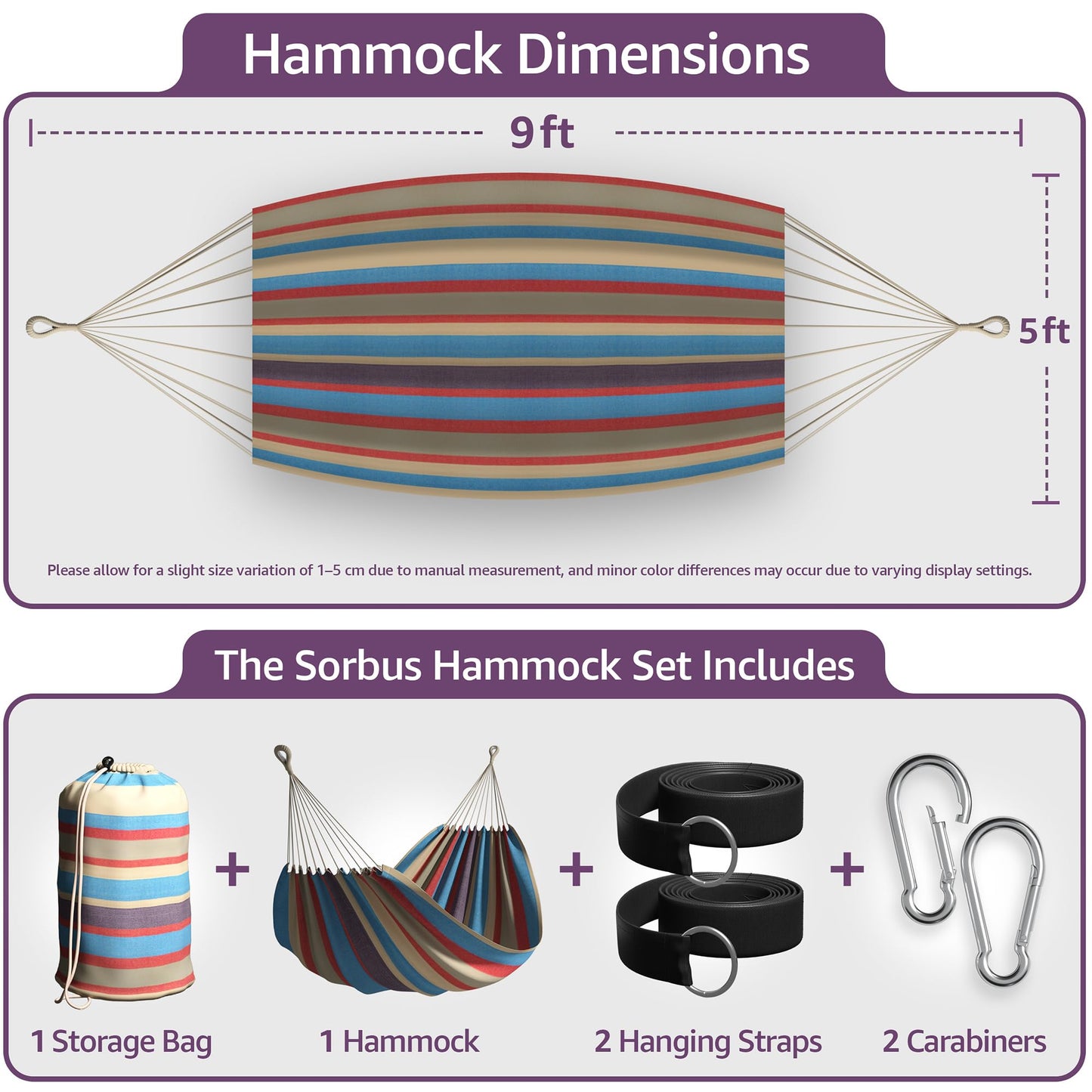 Sorbus® Brazilian Double Hammock - Extra-Long Two Person Portable Hammock Bed for Indoor or Outdoor Spaces - Hanging Rope, Carrying Pouch Included (Blue/Sand/Purple/Red Stripes)