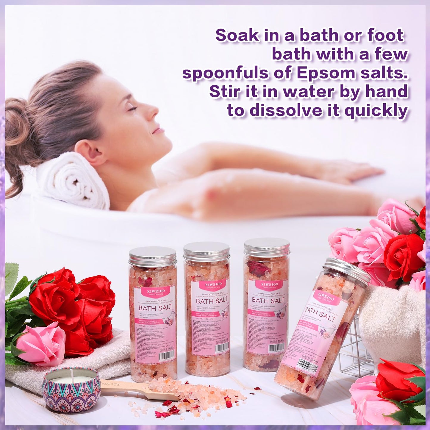 XIWEIOO Bath Salts Set -56 oz, Pack of 4 Natural Epsom Salt for Soaking Rose Salts kit - Essential Oils Relaxes and Better Sleep Himalayan Pink Salt Foot Soak Tea Tree Oil for Women