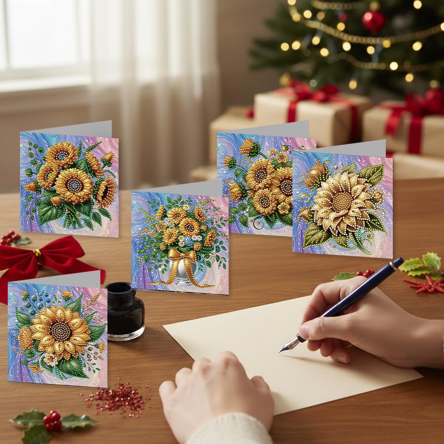 Diamond Art Painting Greeting Cards, 12 Packs Sunflower Basket DIY Crystals Gem Art Kit with Envelopes, Diamond Dots Card Making Set for Birthday, Wedding, Party, Heartfelt Occasions & Beginner Gift