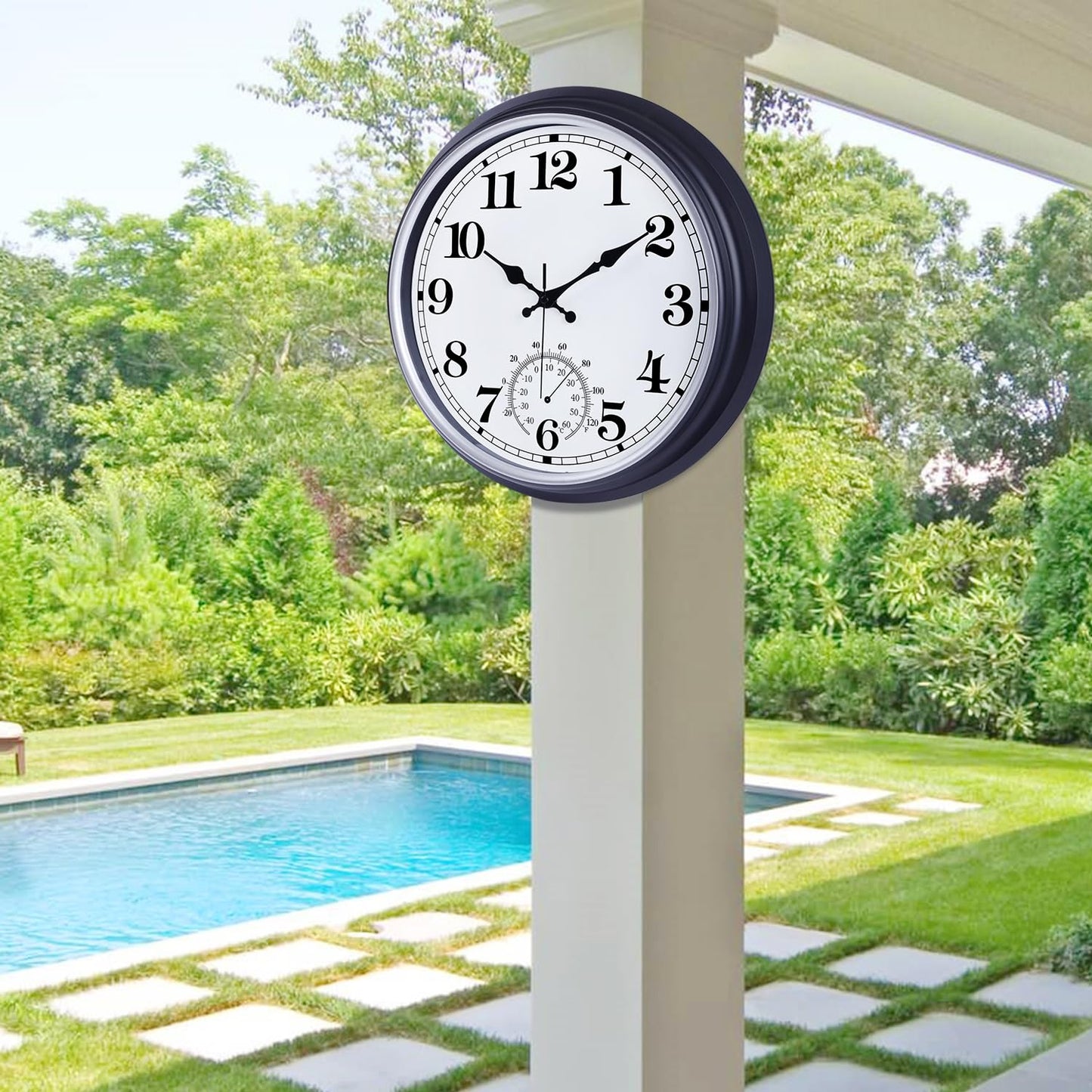 16 Inch Large Outdoor Clock, Retro Waterproof Indoor/Outdoor Clock Non-Ticking Clock with Thermometer, Battery Operated Wall Clock for Patio, Garden, Pool - Black