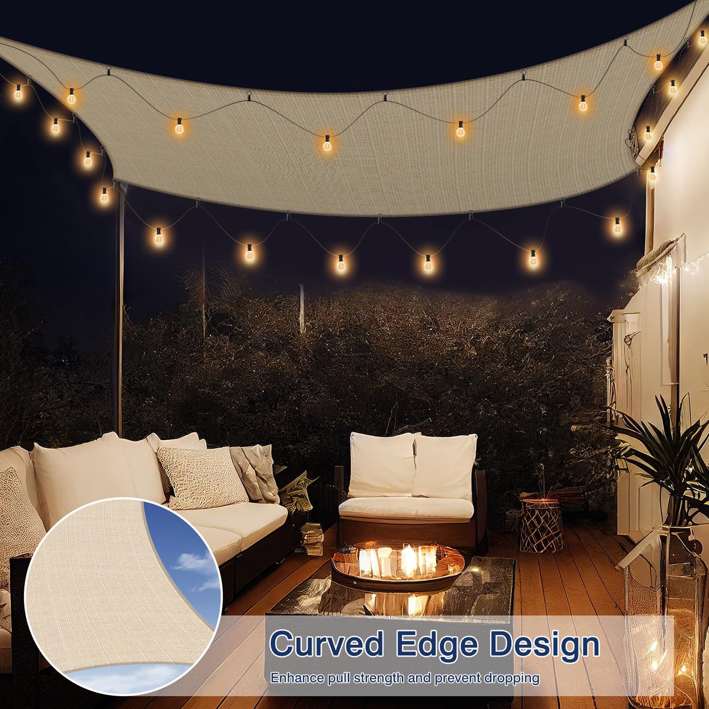Brillihood Sun Shade Sail with LED G40 String Lights, 8‘ x 12' Rectangle Beige Shade Cloth, 95-98% UV Protection, Ideal for Patio, Garden, Backyard - Easy to Install with Innovative Hooks