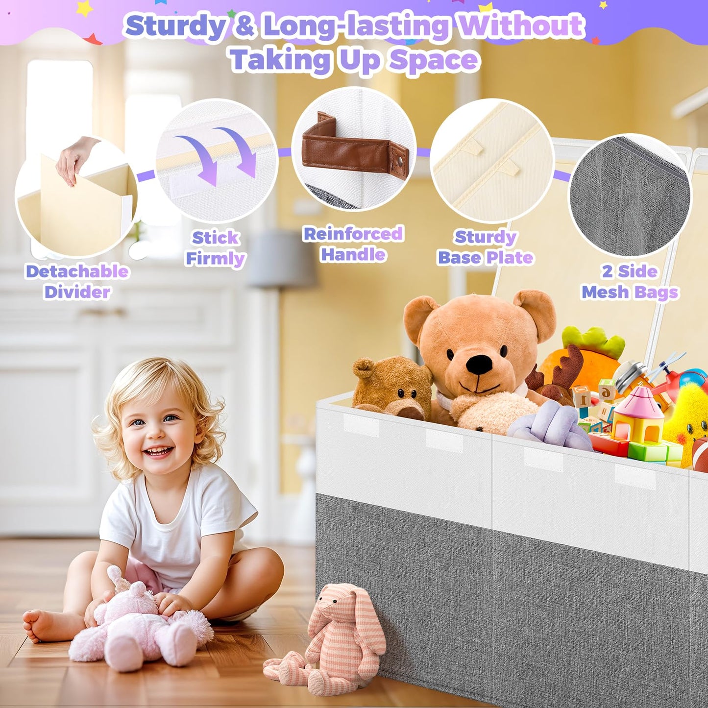 Extra Large Toy Storage Box with Lid, Collapsible Sturdy Toys Chest Storage Organizer Bin Basket with Divider for Kids, Boys, Girls, Closet, Playroom, Bedroom, Nursery, 40"X14"X16", Gray & White