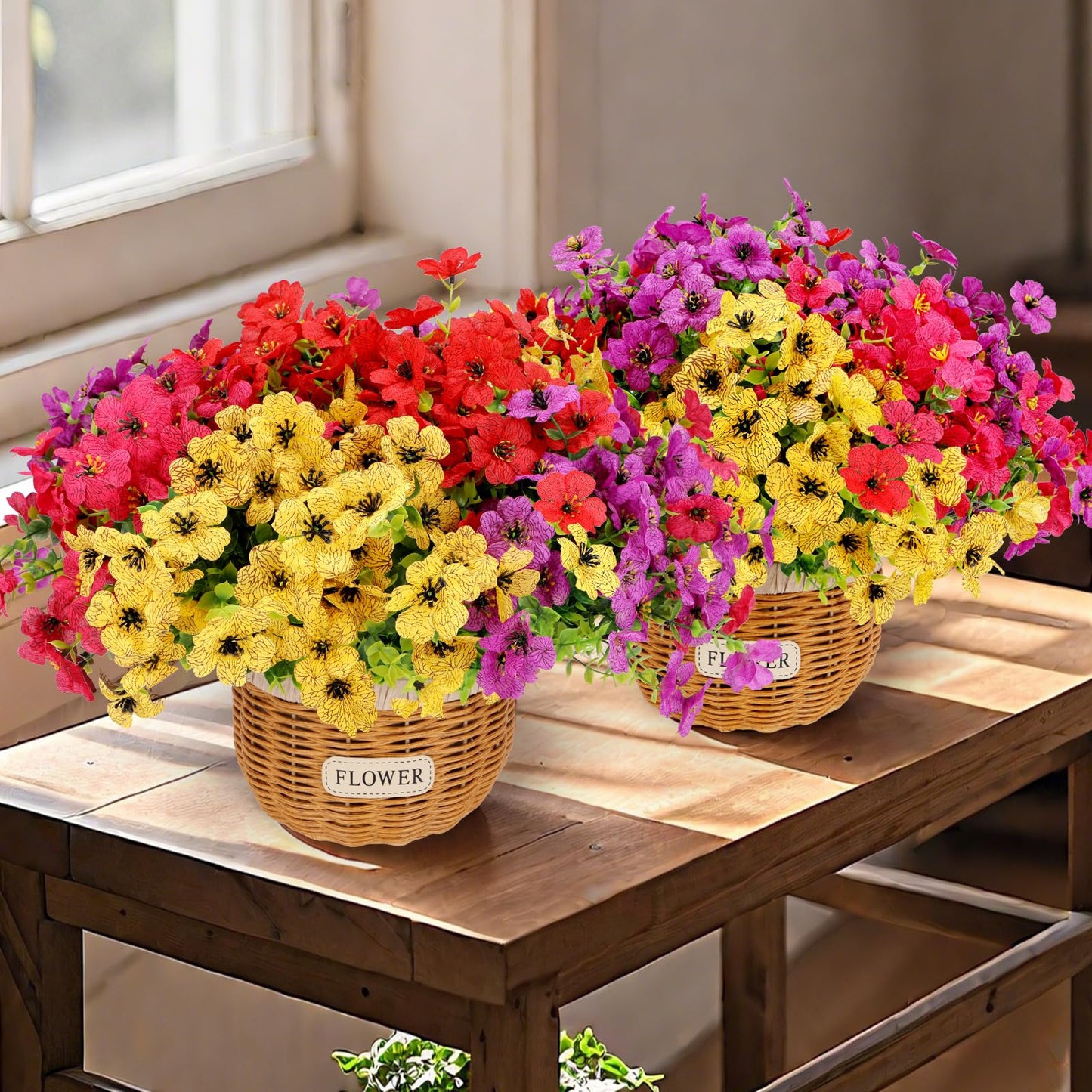 Geegoods Artificial Flower Arrangements for Tables, Fake Potted Mums Silk Flowers with 2 Rattan Baskets for Home Dining Bedroom Office Farmhouse Decor
