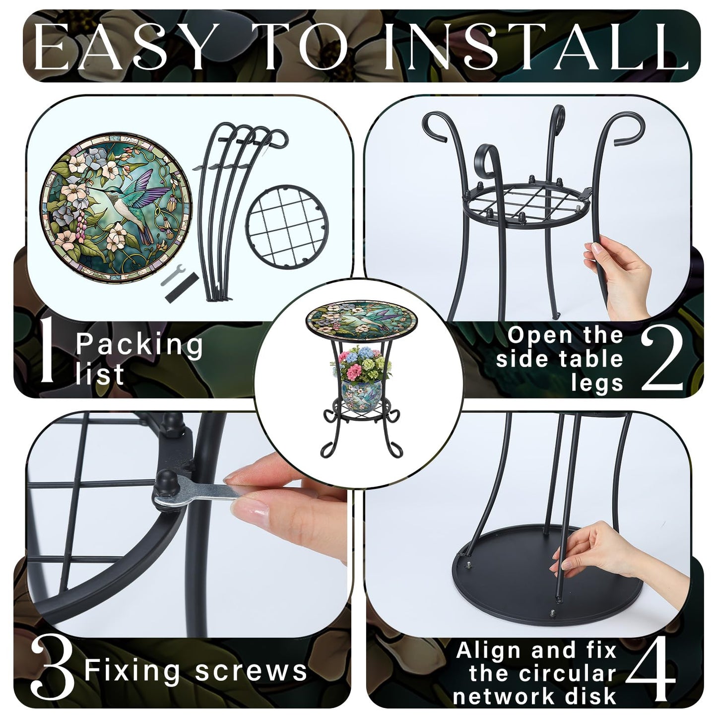 Cinnvoice Outdoor Side Table 2-Tier Round Small Mosaic Patio Accent Indoor End Plant Coffee Tea Table for Yard Patio Porch Garden Living Room, Bedroom(Hummingbird Style,14 Inch)