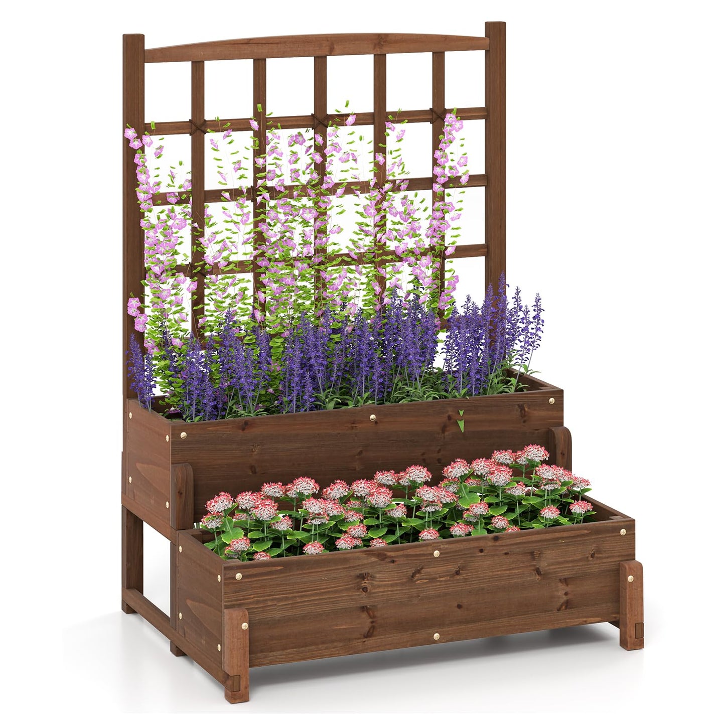Giantex Raised Garden Bed with Legs and Trellis, 2-Tier Standing Planter Box with Drain Holes, Outdoor Elevated Garden Trellis for Vine Climbing, Flower Vegetable Fruit Herb Growing, Rustic Brown