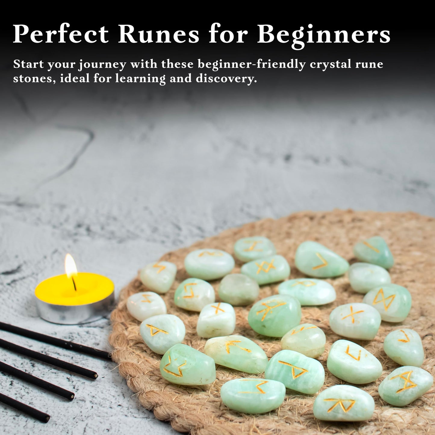 Crocon Amazonite Rune Stones Sets for Beginners with Elder Futhark Alphabets for Healing Chakra Crystals Reiki feng Shui Gemstone Runes Set Size: 15-20 mm with a Pouch & Rune brochure