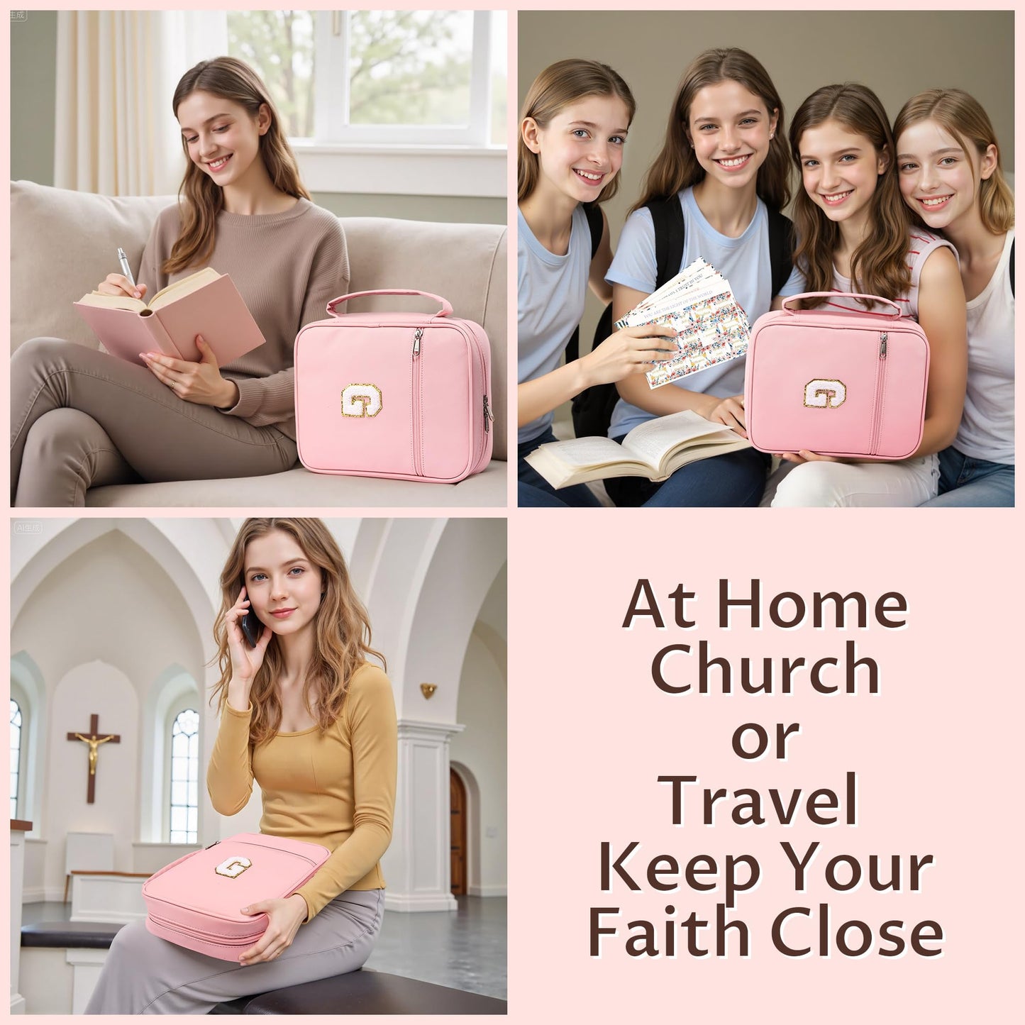 WOBAGMEN Bible Cover for Women,Pink PU Leather Personalized Bible Case with Bible Study Supplies,Including Tabs and Highlighter Set, Faith Chiristain Gift for Women Girls (Pink, G)