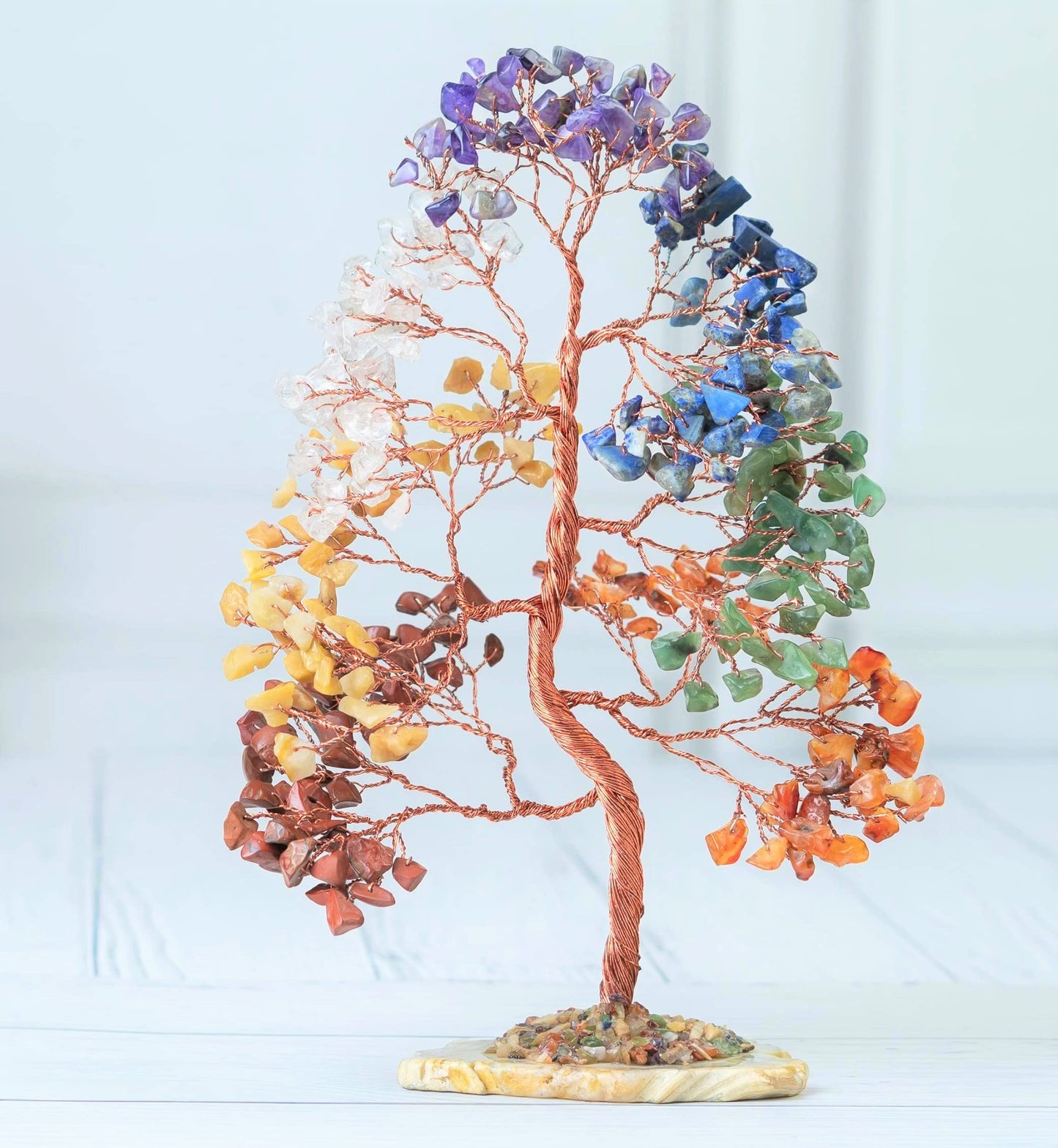 Crocon® 7 Chakra Tree of Life Spiritual Wisdom, Agate Slice Base, Handmade Crystal Tree for Positive Energy, Creativity, Seven Chakra Healing Stone, Attract Good Luck & Charm, Feng Shui Decor, Gifts