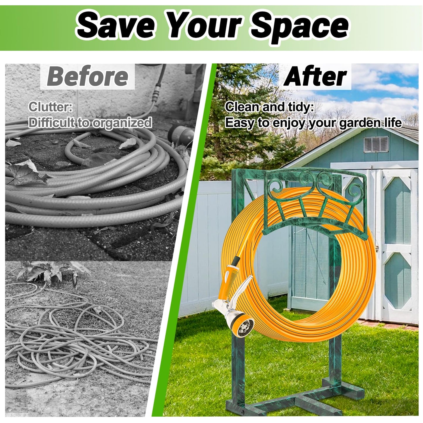 Garden Hose Holder, Heavy Duty Metal Water Hose Holders Hose Stand with 5 Spikes, Freestanding Hose Storage Rack Hose Hanger Holds 150ft Hose for Outside Yard Lawn Garden Decor (Retro Green)