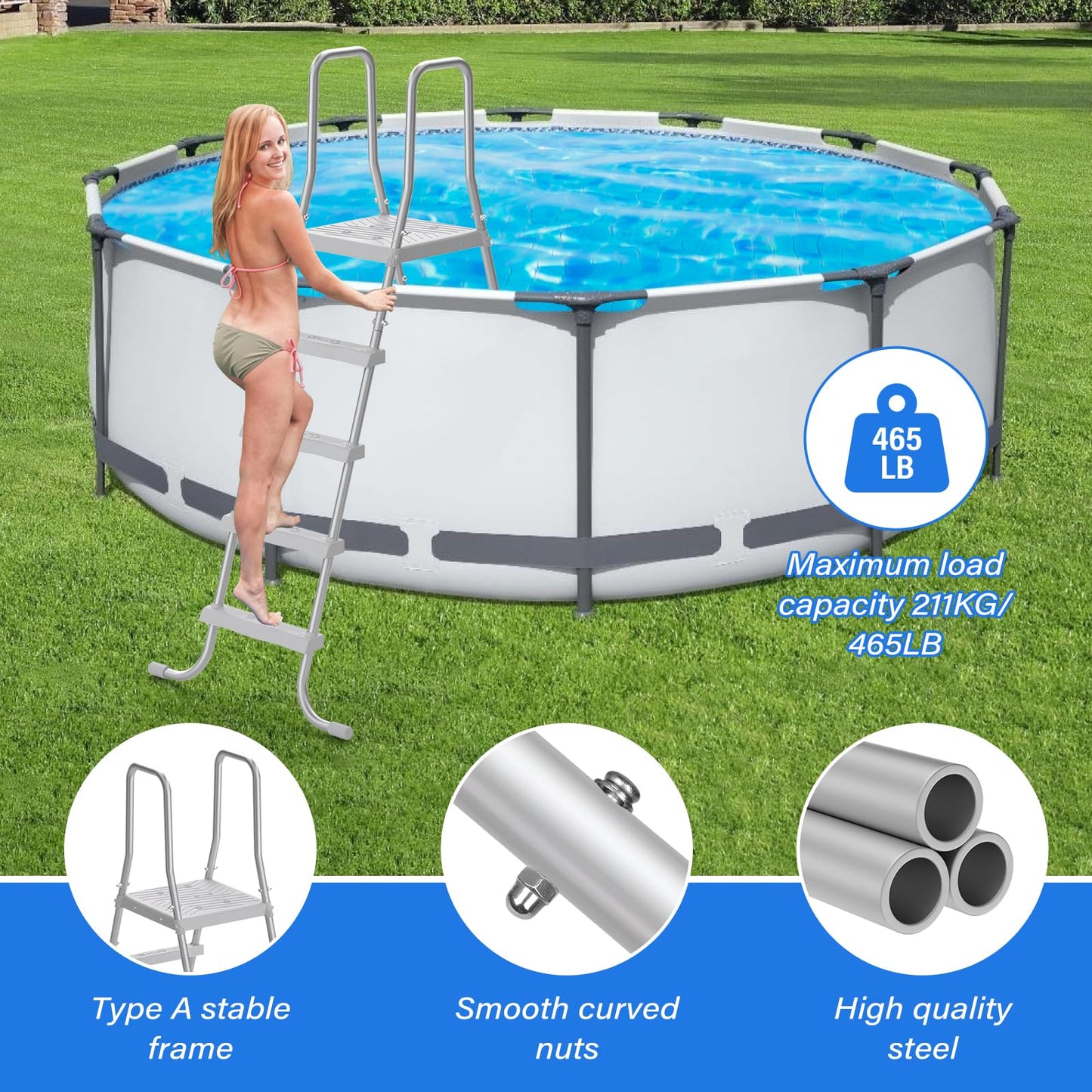 52" 4-Step Steel Frame Above Ground Swimming Pool Ladder, Heavy Duty Double Sided Removable Pool Steps with Non-Slip Plastic Steps and Platform for Entry and Exit the Pool