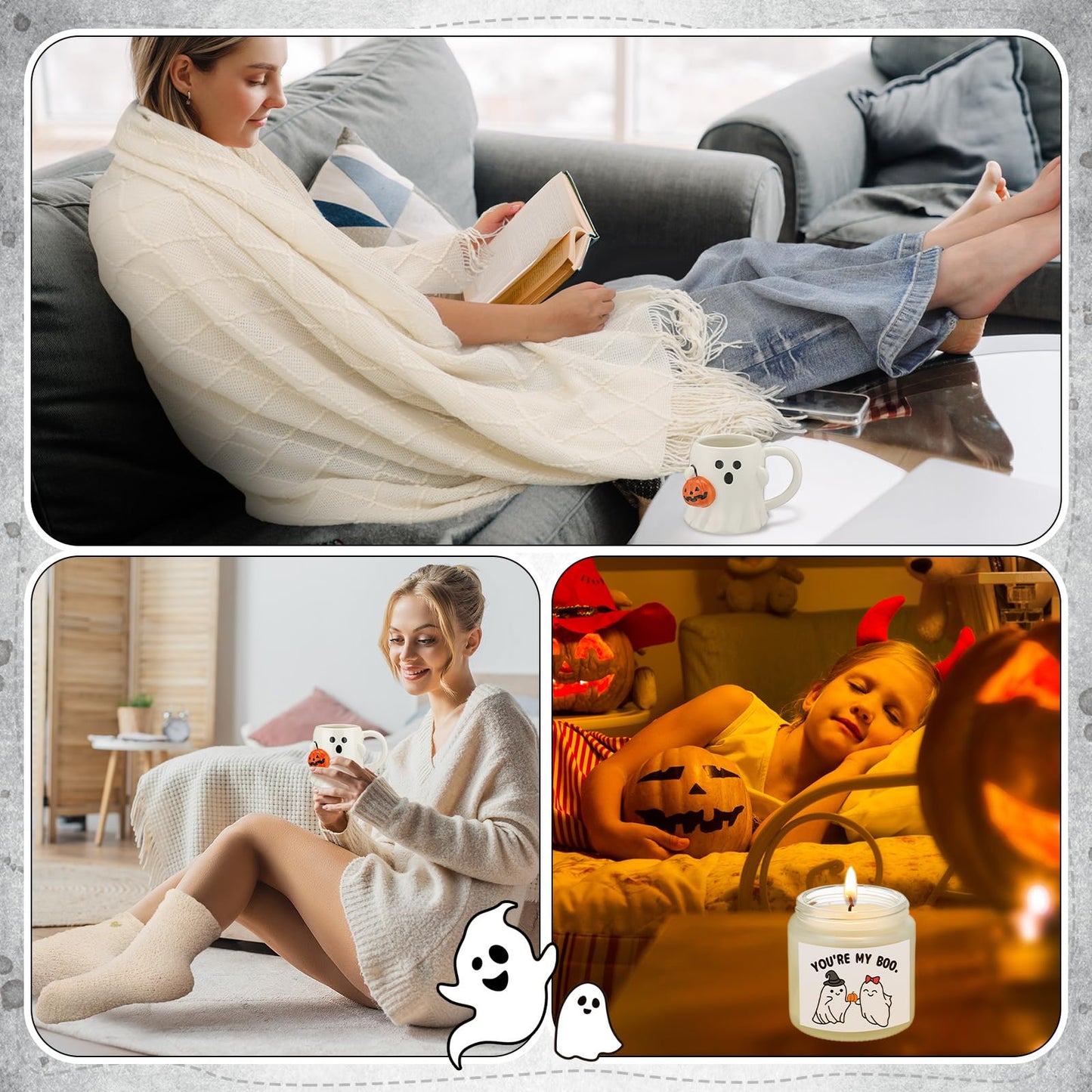 Mimorou Halloween Boo Basket Gifts for Adults Women Halloween Basket Stuffer with Ghost Mug Knitted Tassel Blanket Boo Scented Candle Gifts for Friends Women Family