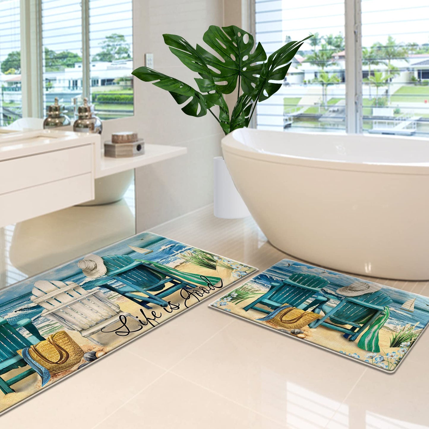 Tailus Summer Blue Sea Chairs Beach Decorative Kitchen Rugs Set of 2, Ocean Seagull Sailboat Kitchen Mat Coastal Non-Slip Floor Mat, Nautical Home Kitchen Decorations 17x29 and 17x47 Inch