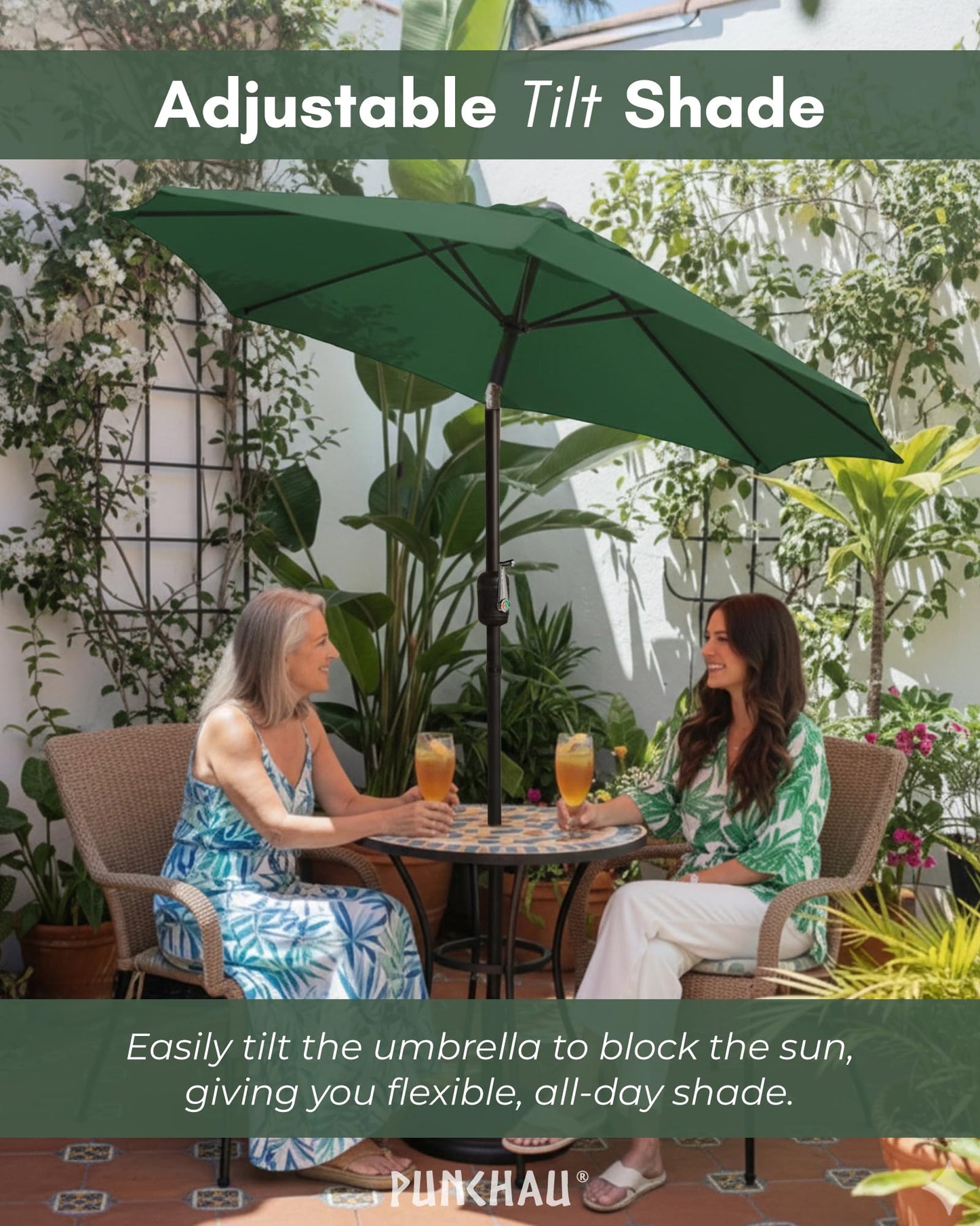 Punchau 6 Ft Outdoor Patio Umbrella, Easy Open/Close Crank and Push Button Tilt Adjustment - Hunter Green Market Umbrellas