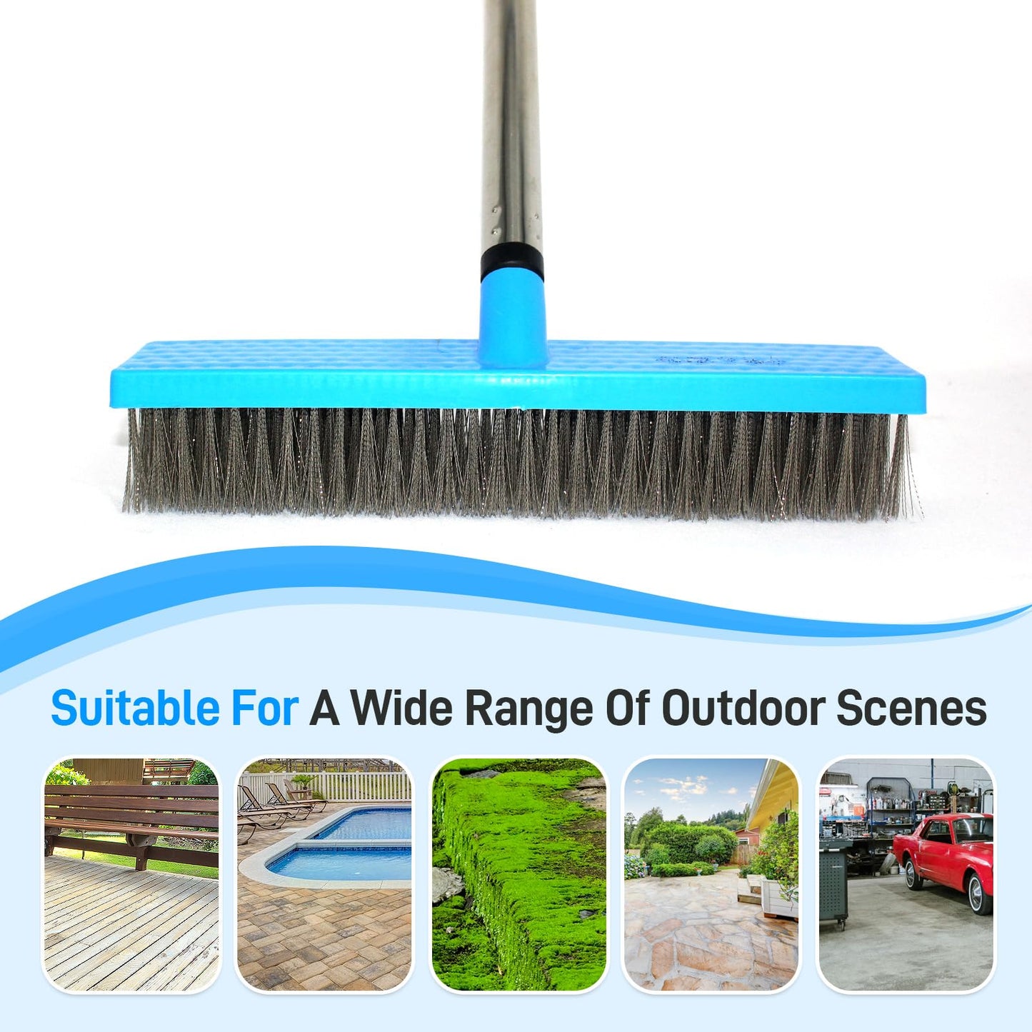 FRAXIR Stainless Steel Wire Broom Deck Scrubber Brush with 55” Adjustable Length Sturdy Long Handle, Stainless Steel Outdoor Broom for Cleaning Moss Concrete Floors Grout Gardens Patios