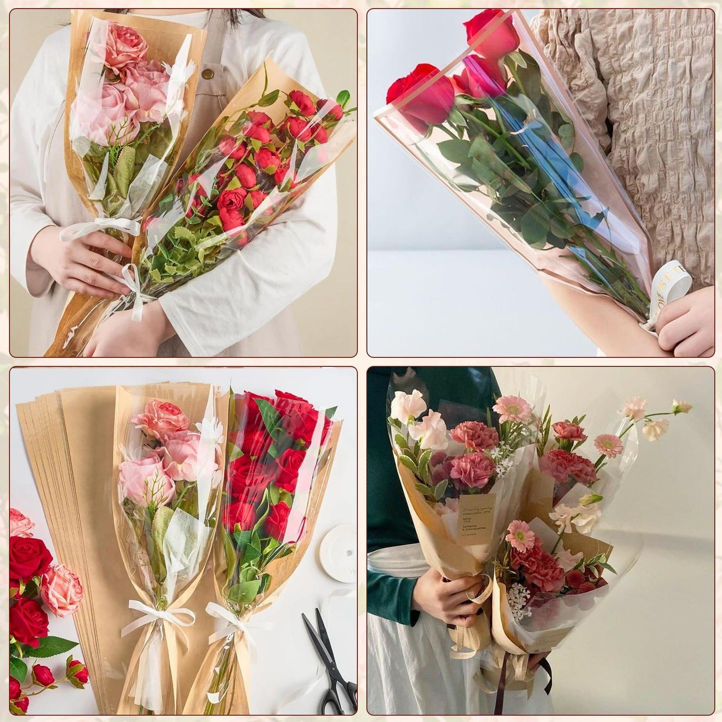 PIKBIU 50PCS Flower Bags for Bouquets Kraft Paper Flower Sleeves Wrapping Paper Clear Front Floral Bags Florist Wrap Supplies 24.8 x 8.7 Inches