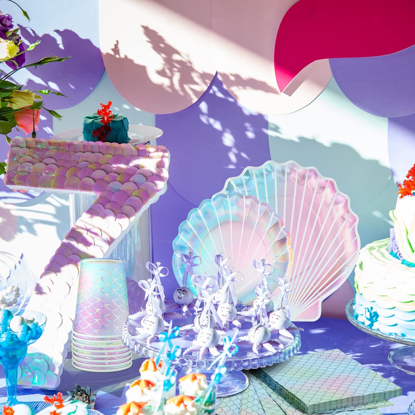 Hoolerry 200 Pcs Mermaid Party Supplies 7 Inch 9 Inch Disposable Paper Seashell Plates, Napkins and Cups Cutlery Dinnerware Set for Under The Sea Birthday Baby Shower Ocean Party Decoration, Sever 50