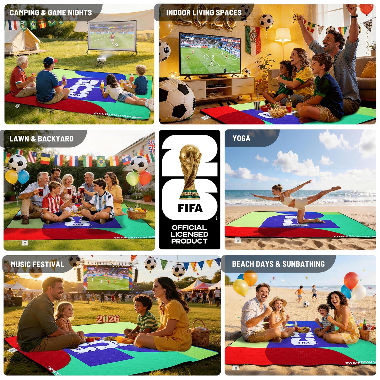 MESUCA FIFA World Cup 2026 Picnic Blankets, World Cup Trophy Design Outdoor Blanket, 75''x79'' Large Beach Blanket Waterproof Sandproof, Foldable 20*6" Picnic Mat, FIFA 26 Official Licensed - FIFA 26