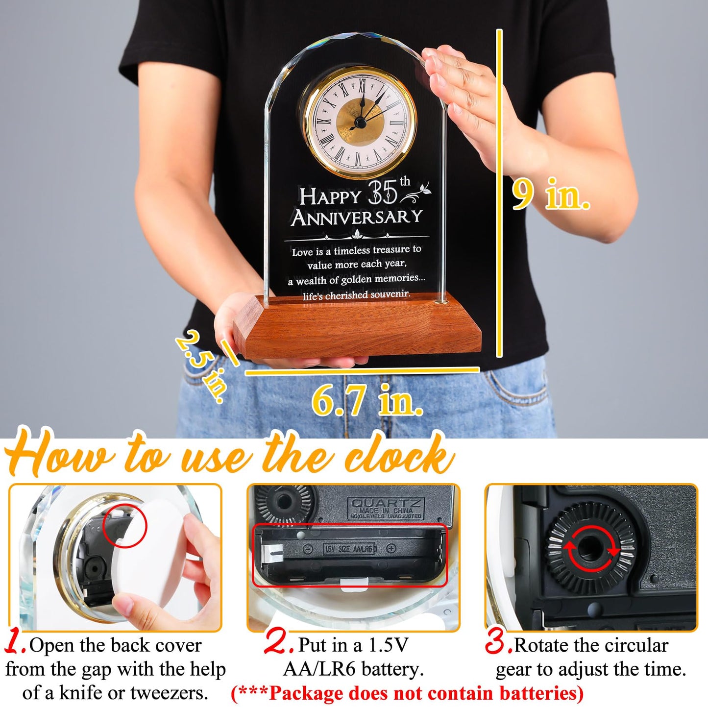 YWHL 35th Wedding Anniversary Clock Gifts for Couple, 35 Years for Wife Husband, Table Clock Glass Presents with Wooden Light Base for HomeDecoration (Battery not Included)