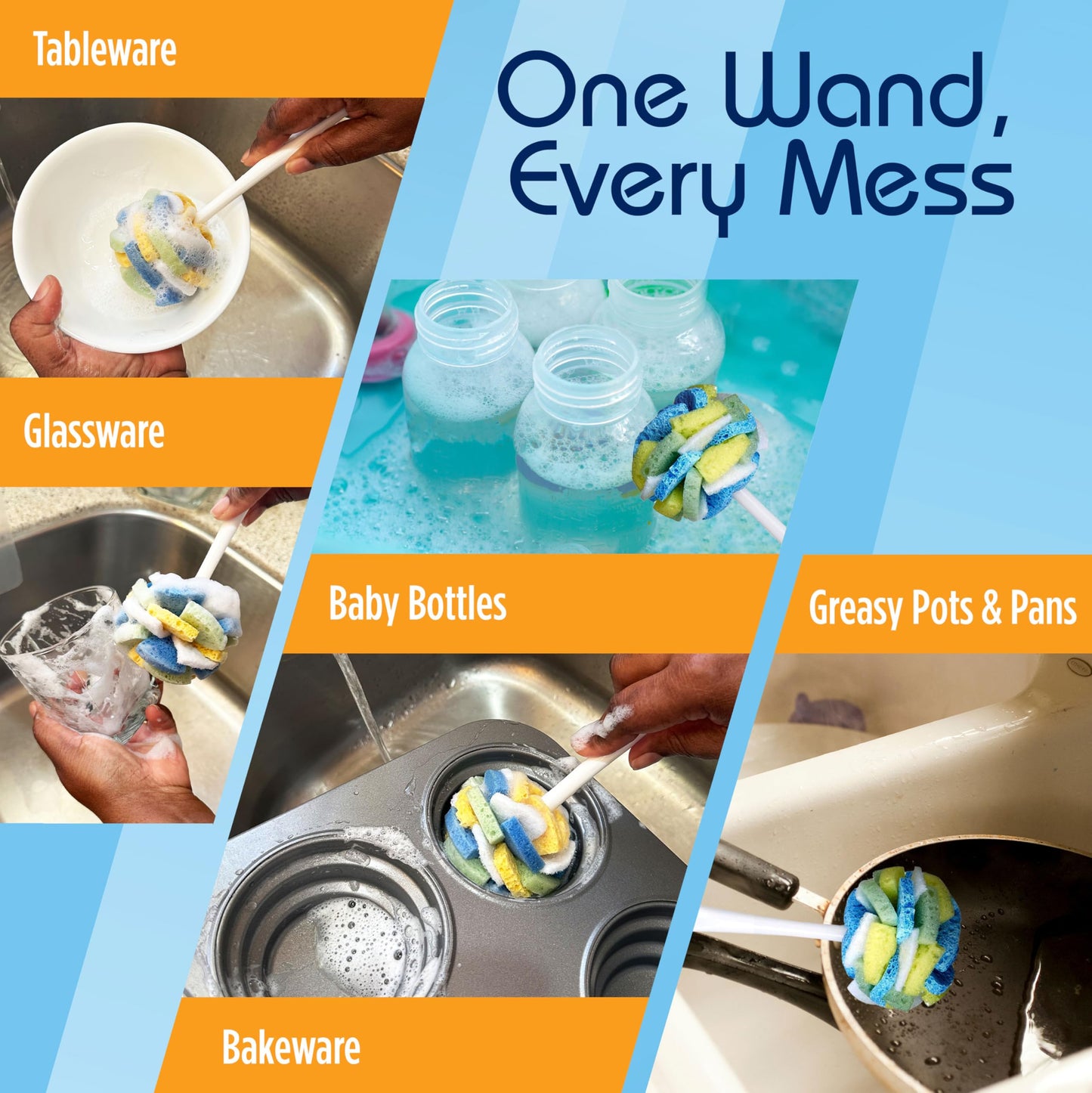Compac Home Dish SpongeWand Plus Tri Surface Scrubbing Sponge with Cello Foam Scour Sponge Petals, Cleans Dishes, Glassware 360 Scrubber Pads for Tough to Clean Pots Pans, Multi-Color, (Pack of 6)