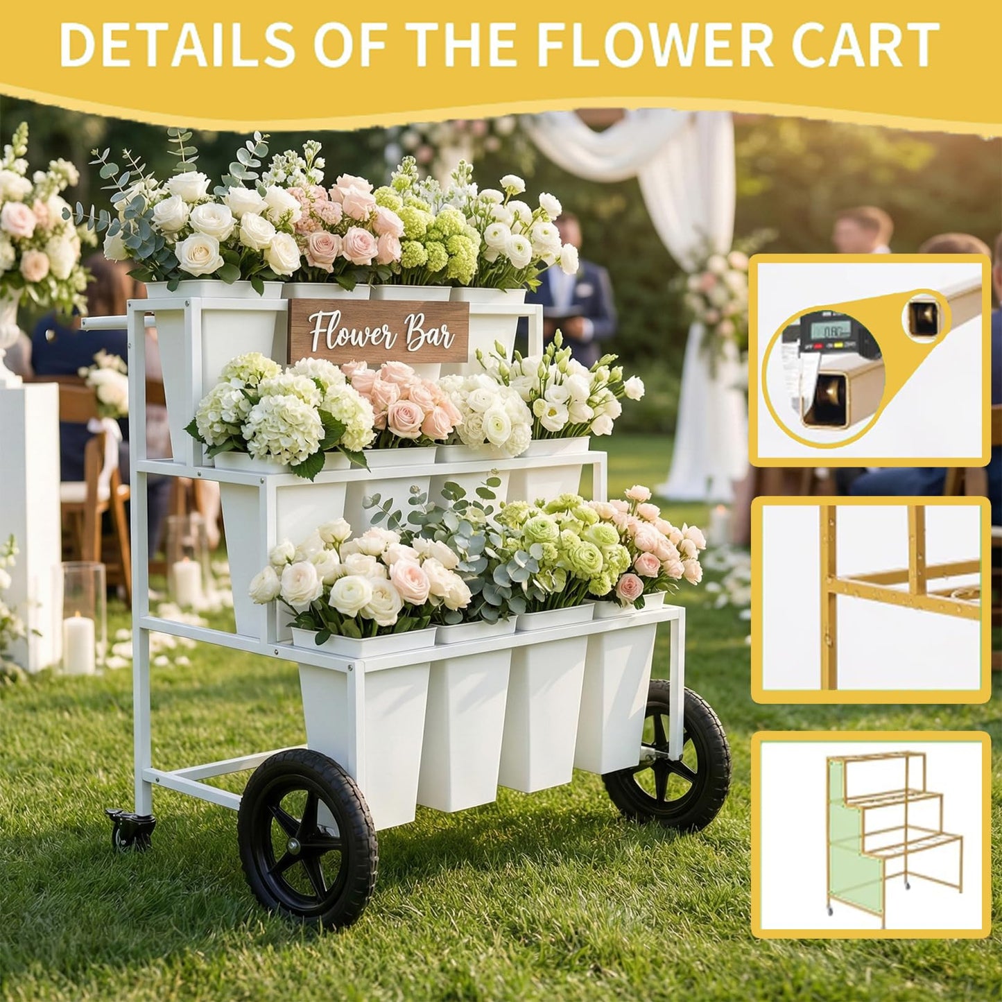 VITNSVILE Mobile Metal Flower Plant Stand, 360° Rolling Flower Display Stand for Indoor Outdoor, Space Saving Flower Bar Stand for Patio, Garden Event White, Black, Gold (White)
