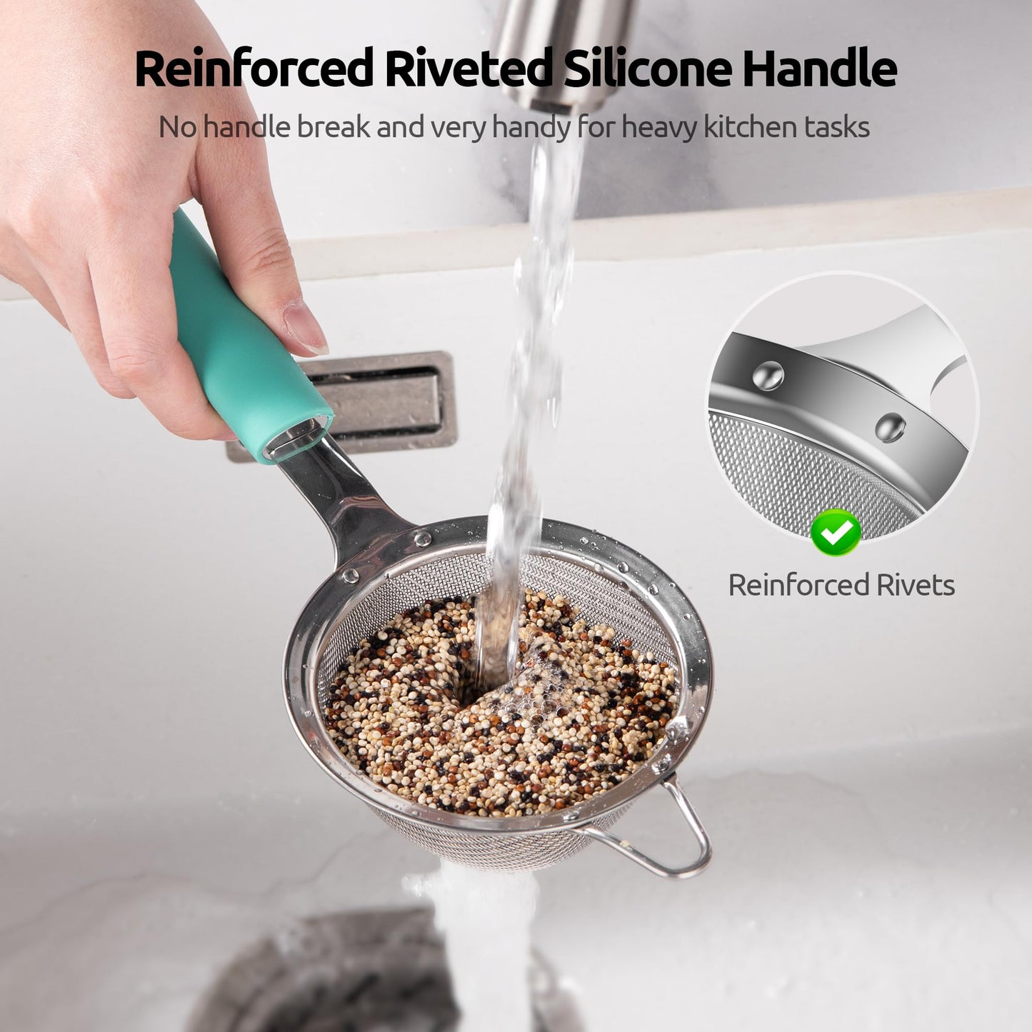 U-Taste Small Fine Mesh Strainer: 18/8 Stainless Steel 3.35in 30 Mesh Kitchen Food Sieve with Sturdy Riveted Silicone Handle, Heavy Duty Deep Handheld Metal Colander for Tea, Juice (Aqua Sky)