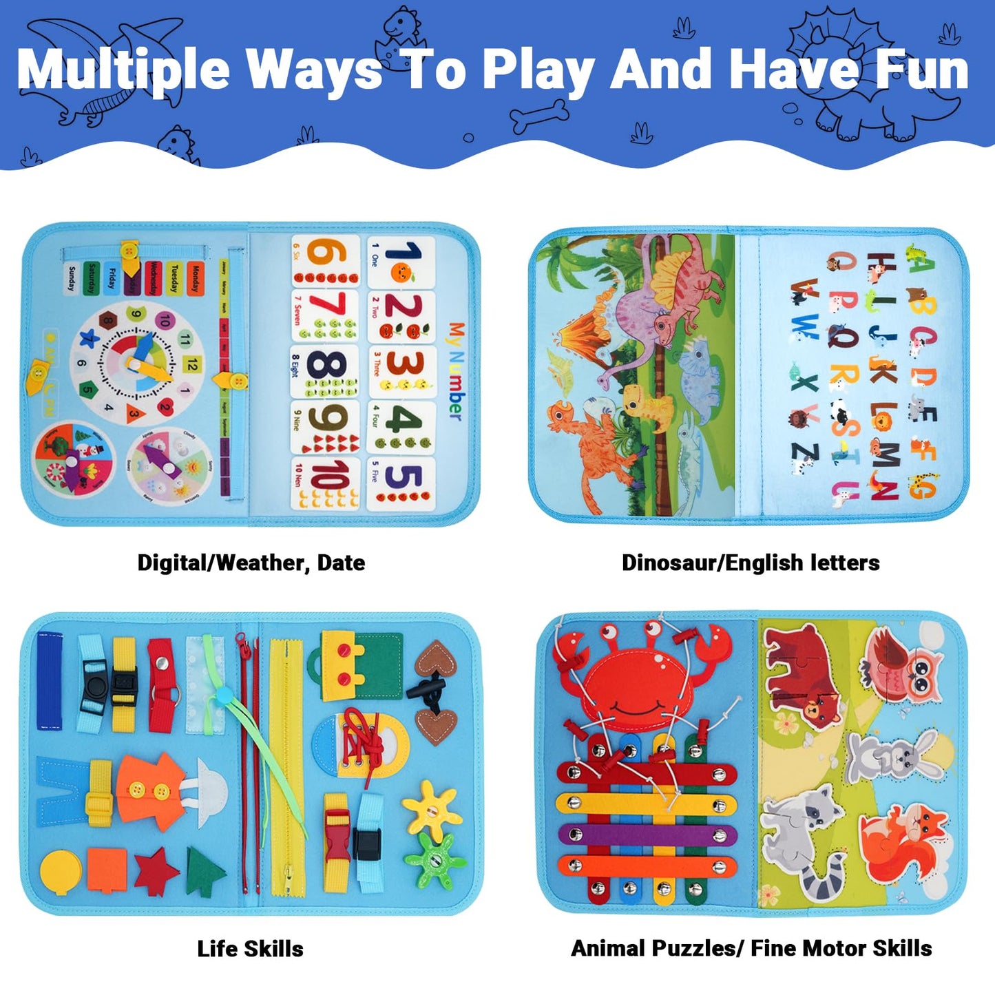 MEGRANATE Montessori Busy Board, Baby Busy Book Educational Learning Toys for Toddlers Quiet Book Activity Books Buckle Toy Fine Motor Skills Toys for 3+ Year Old Kids (Blue)