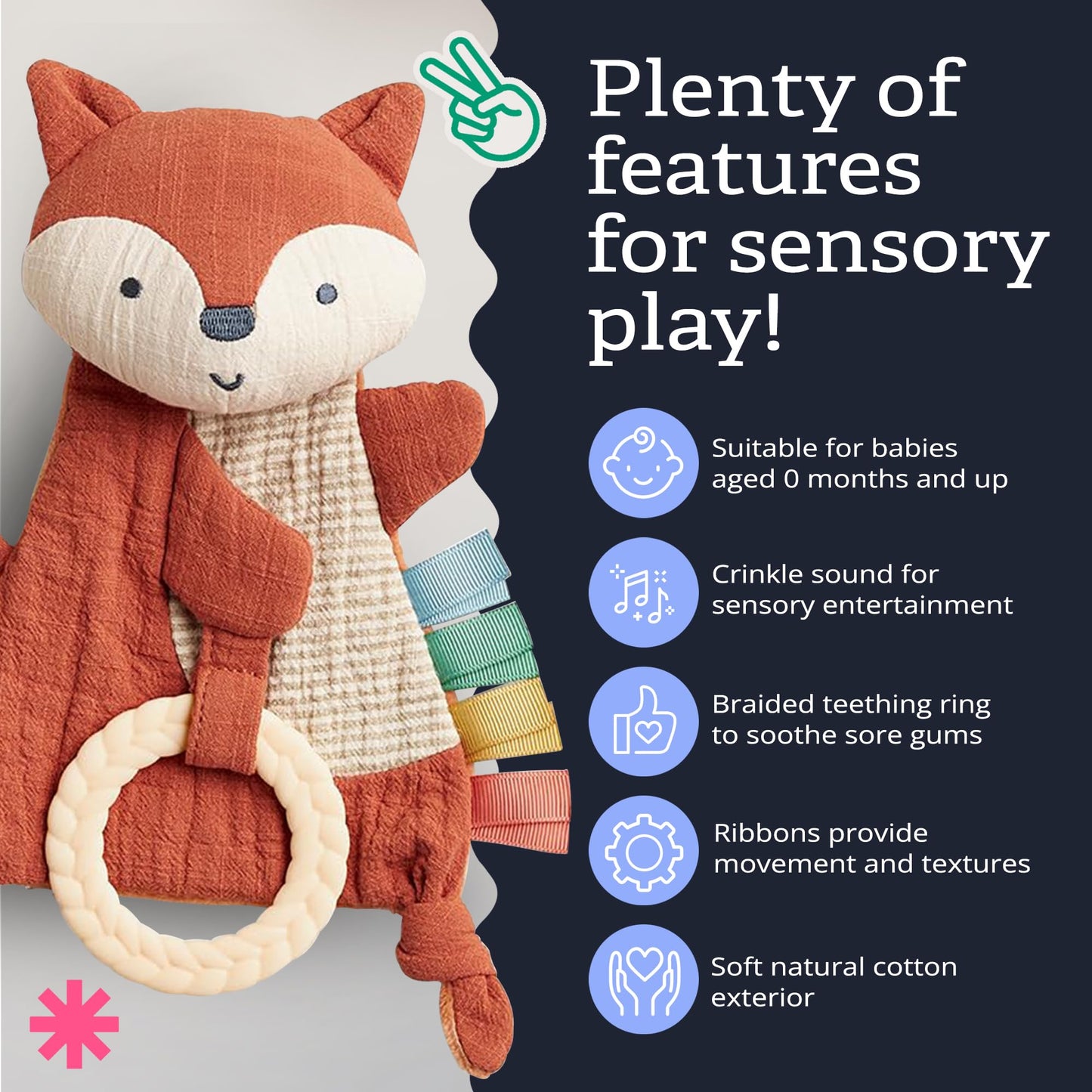 Itzy Ritzy - Bitzy Crinkle Sensory Toy for Babies & Toddlers — Features Crinkle Sound, Soft Braided Teething Toy Ring & Textured Ribbons — Gender Neutral Baby Item for Ages 0 Months & Up, Fox